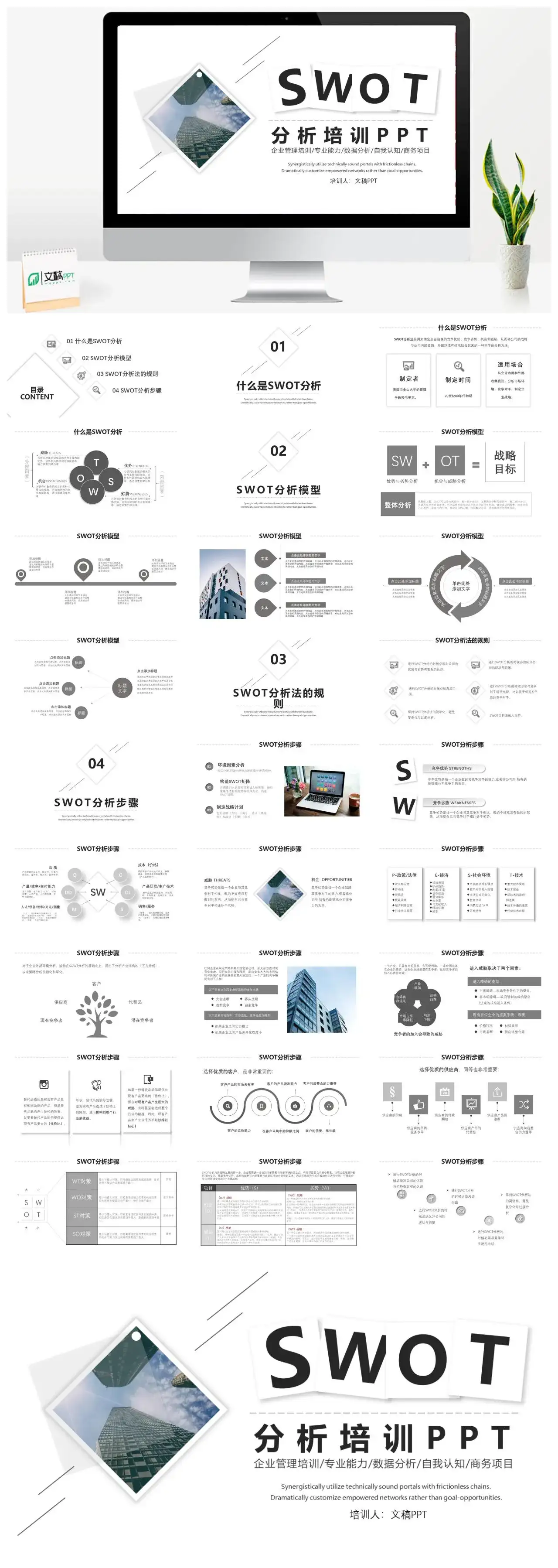 简约黑白色商务SWOT技能培训PPT模板