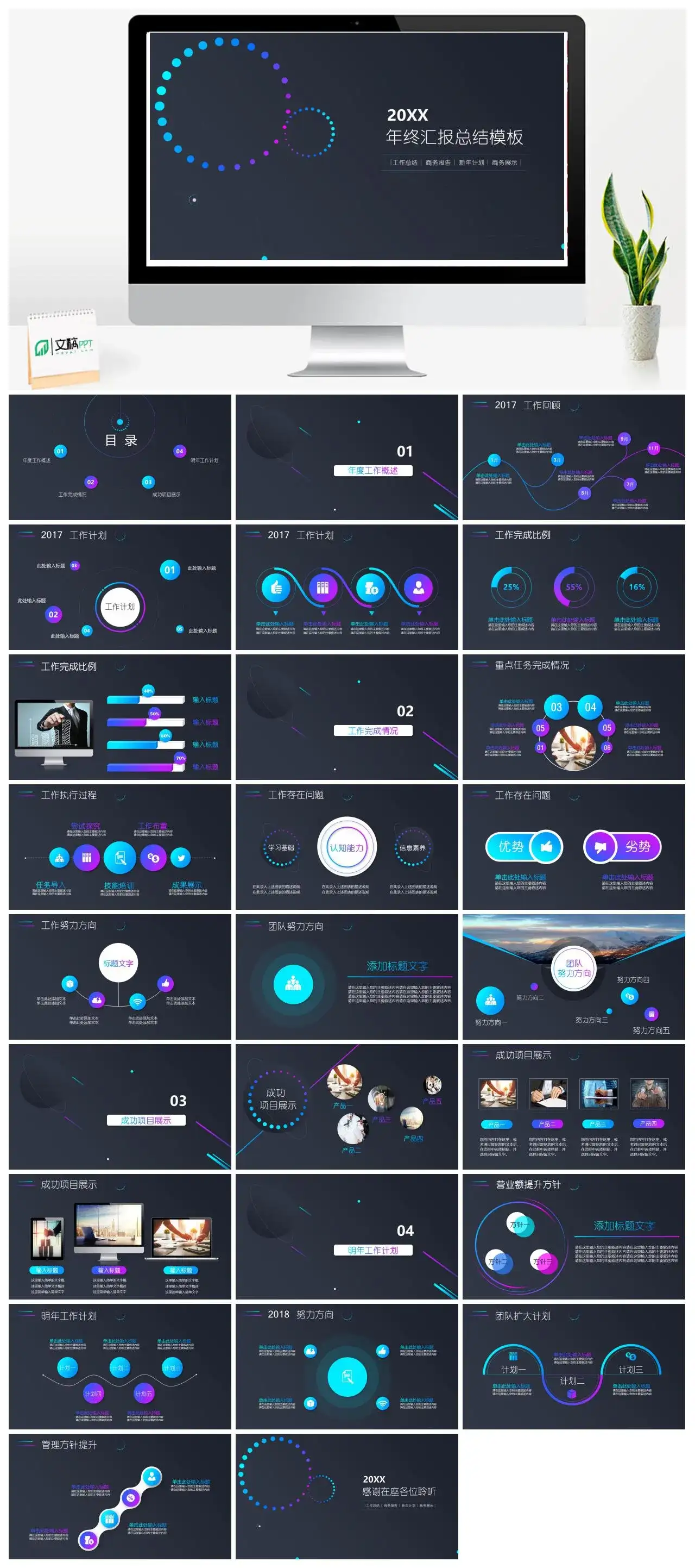 黑底年终汇报总结商务报告通用PPT模板