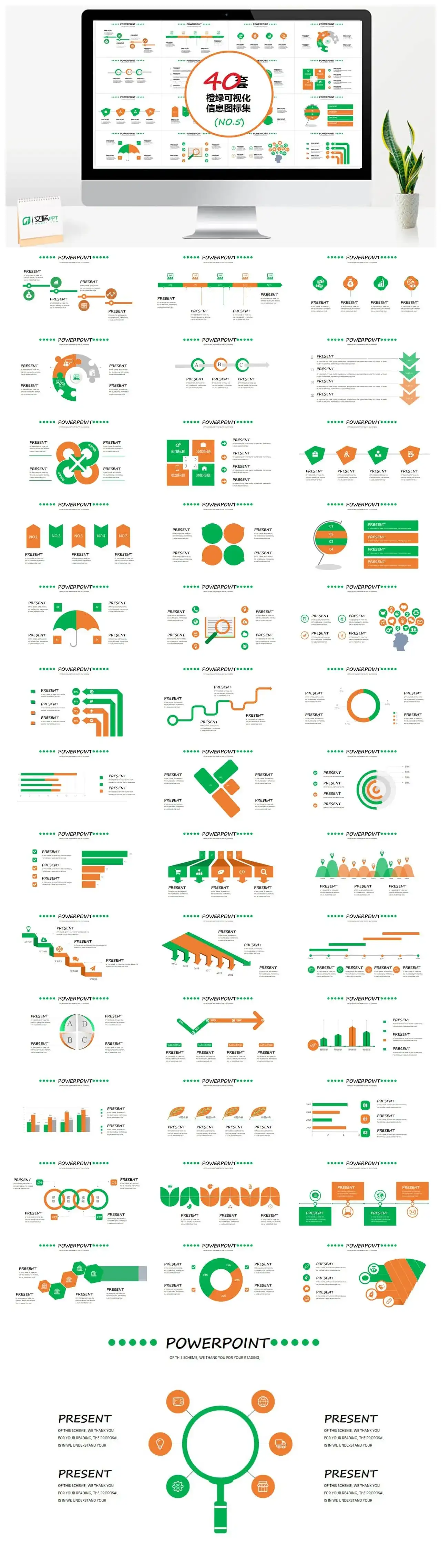 40套橙绿信息可视化图表集PPT模板
