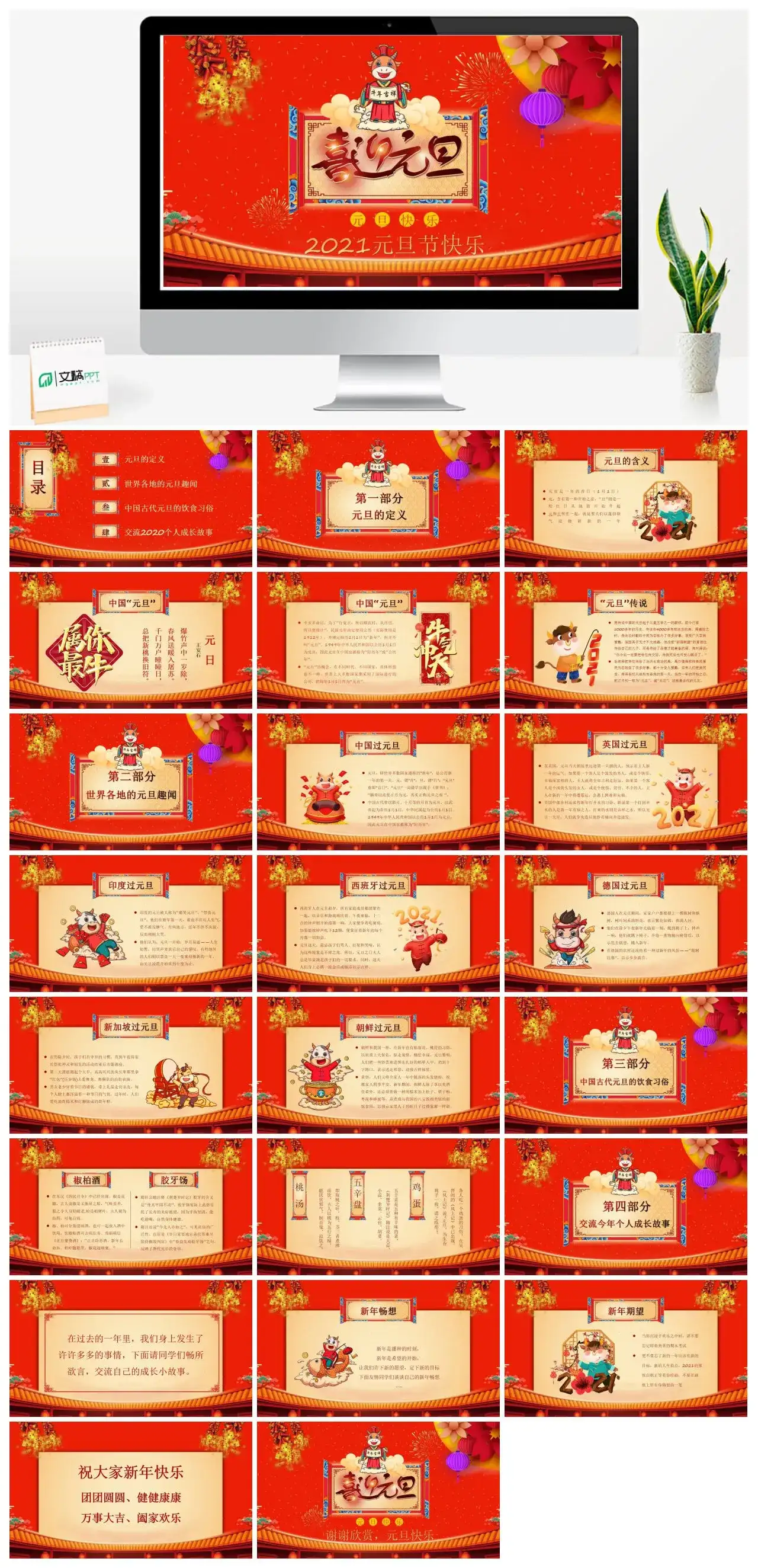 红色喜庆中国风牛年元旦节快乐PPT模版