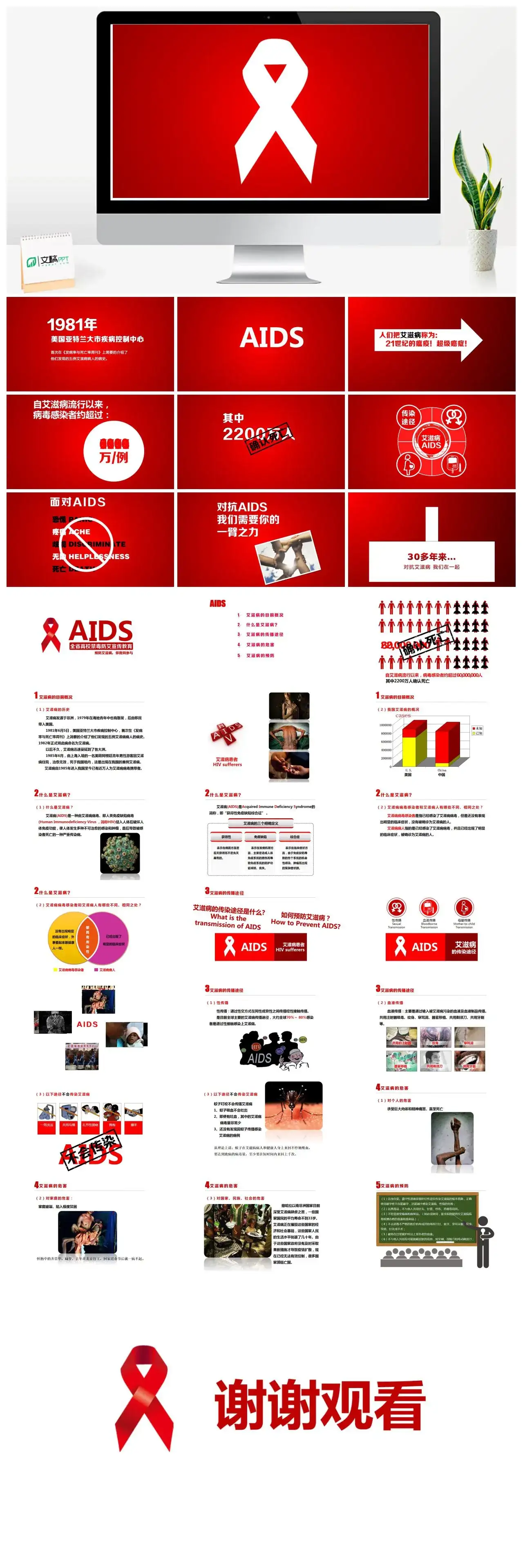 红色简约预防艾滋病PPT模板