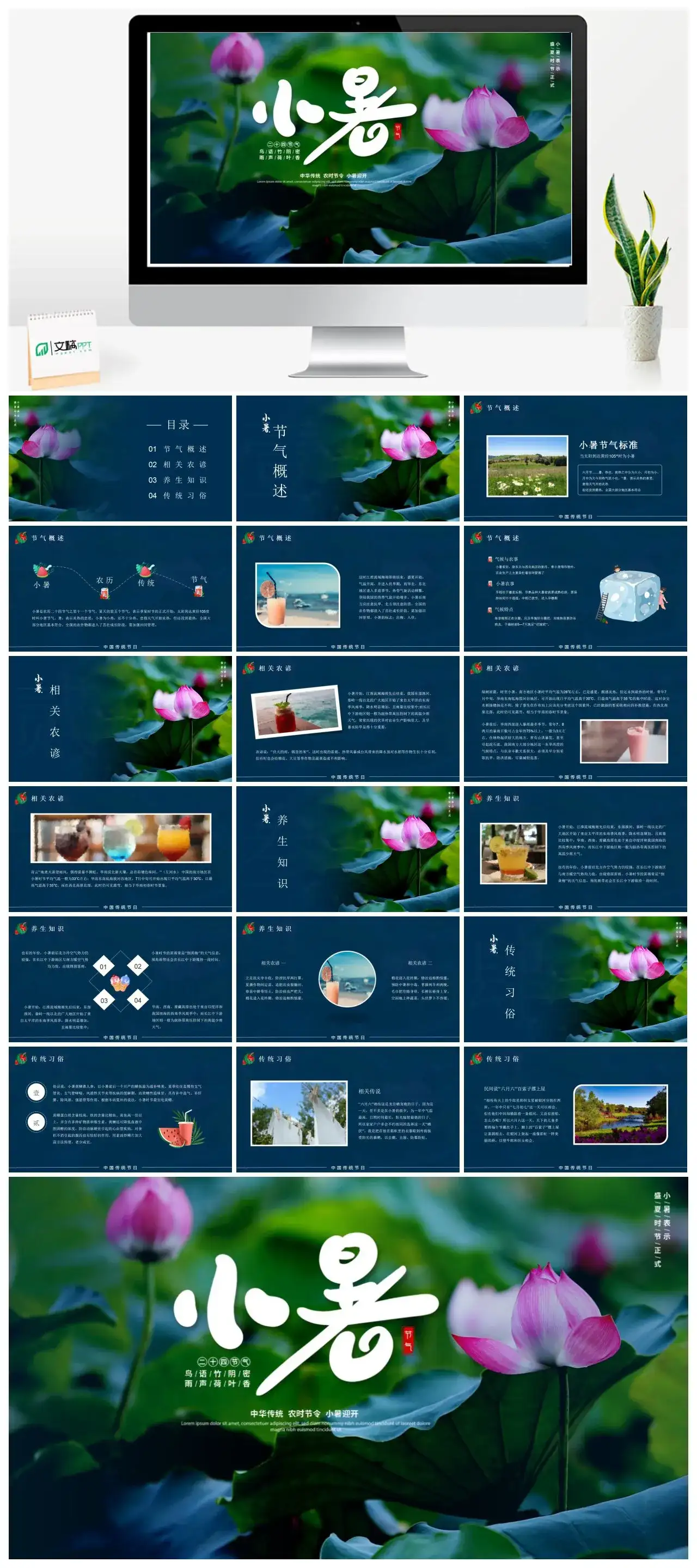荷叶荷花中国传统农时节令小暑迎开PPT模版
