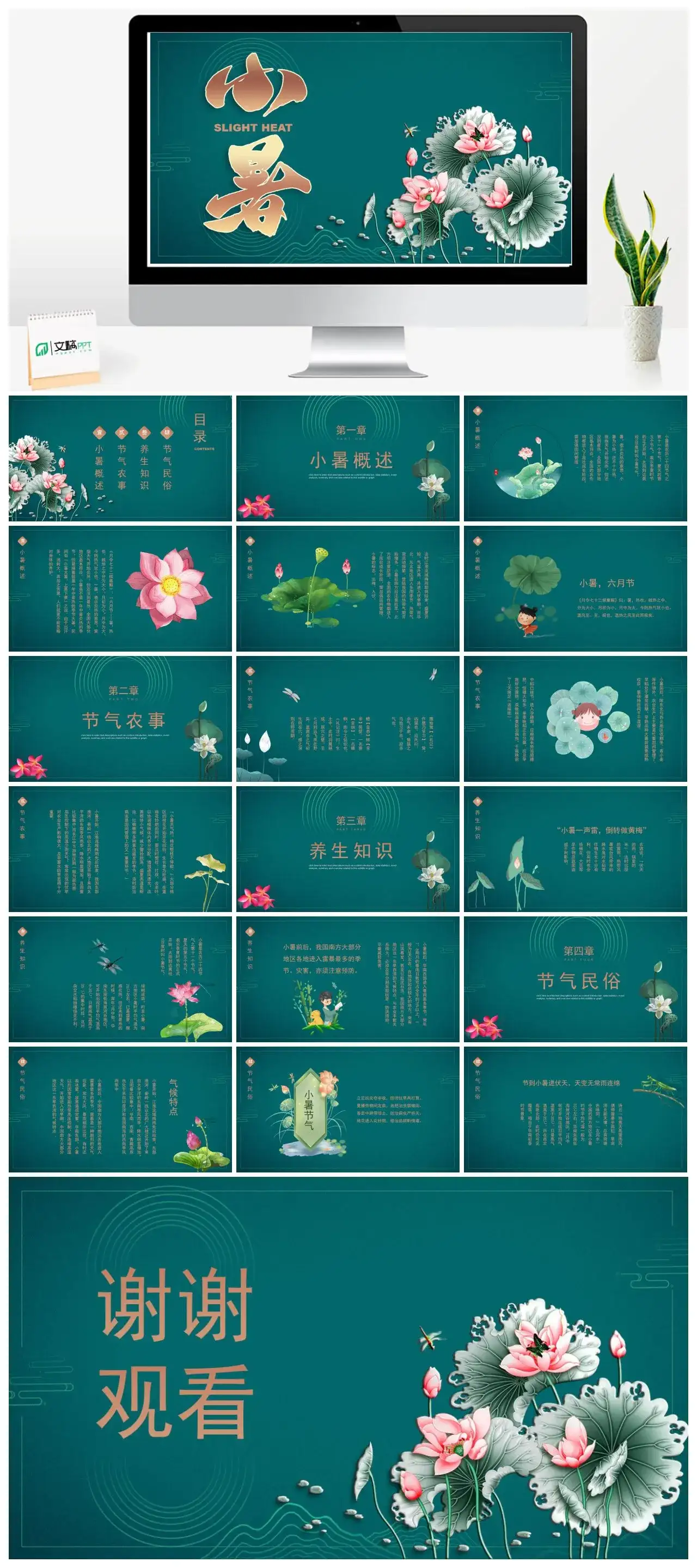 绿色精美荷叶荷花小暑PPT模版