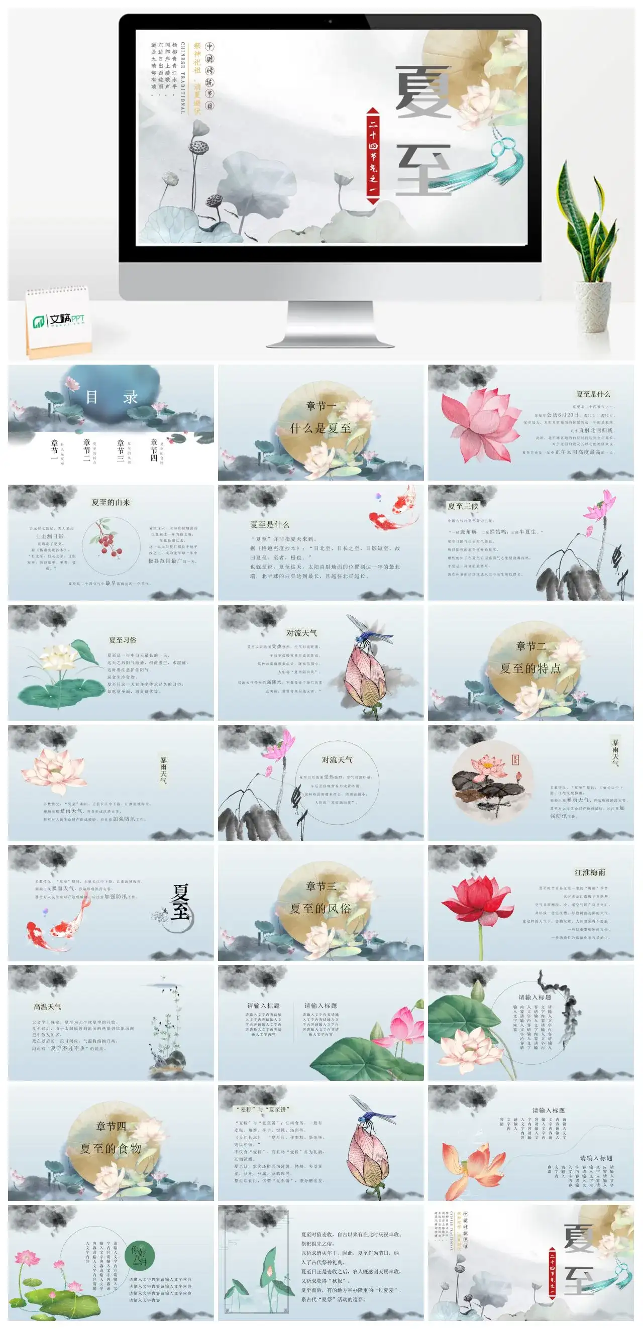 中国风荷叶二十四节气之一夏至PPT模板