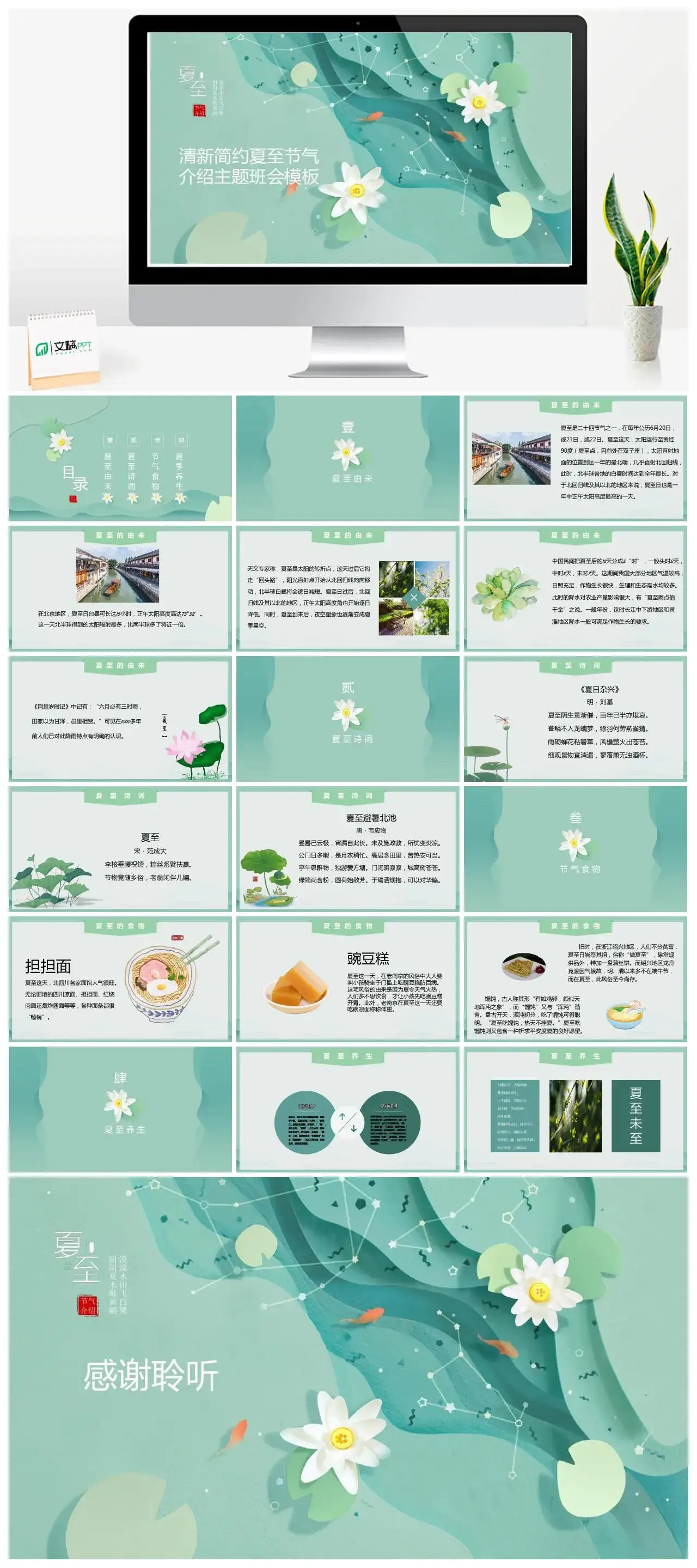 主题班会清新节约夏至节气介绍PPT模板