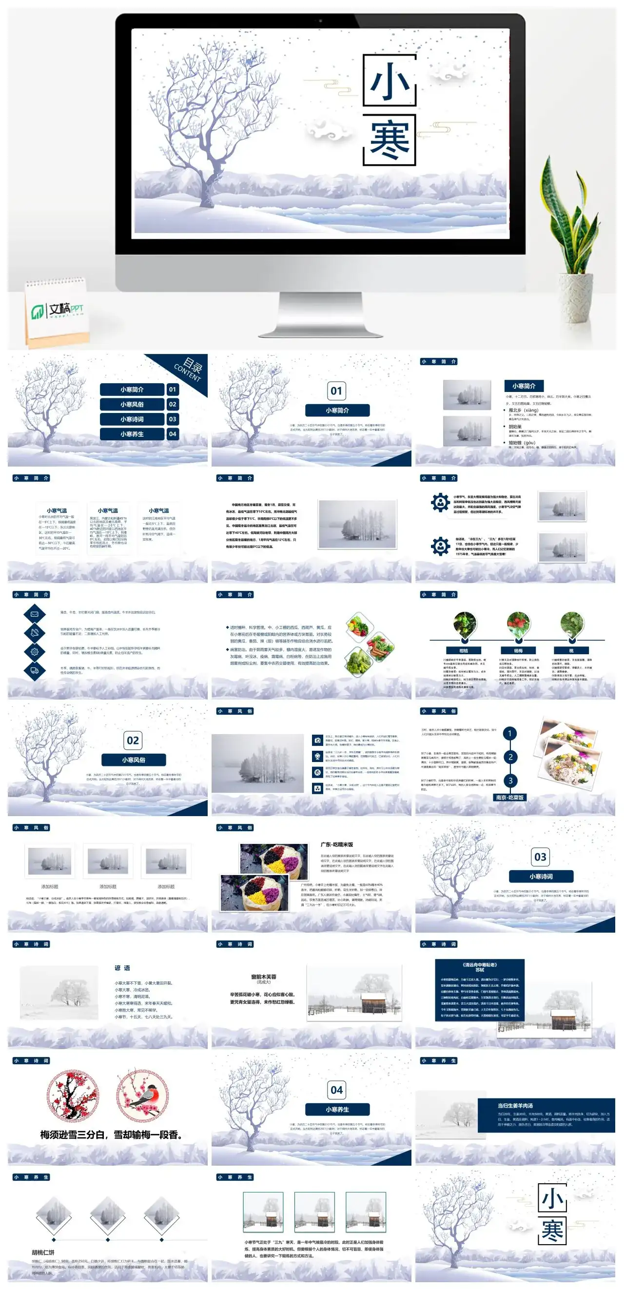 浅色清新小寒简介风俗文化艺术介绍古诗词发展二十四节气PPT模板