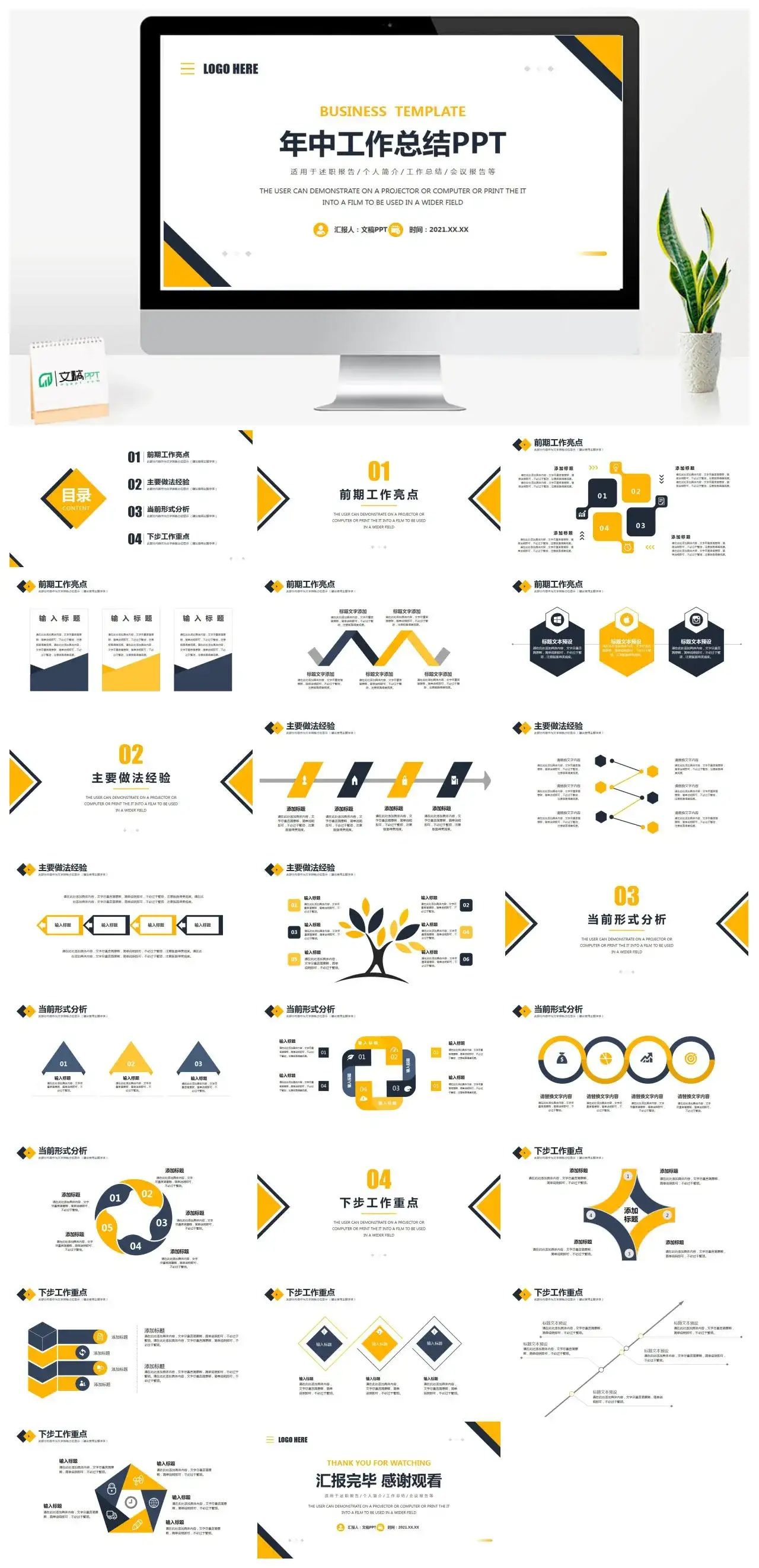 黄色简约年中工作总结述职报告PPT模板