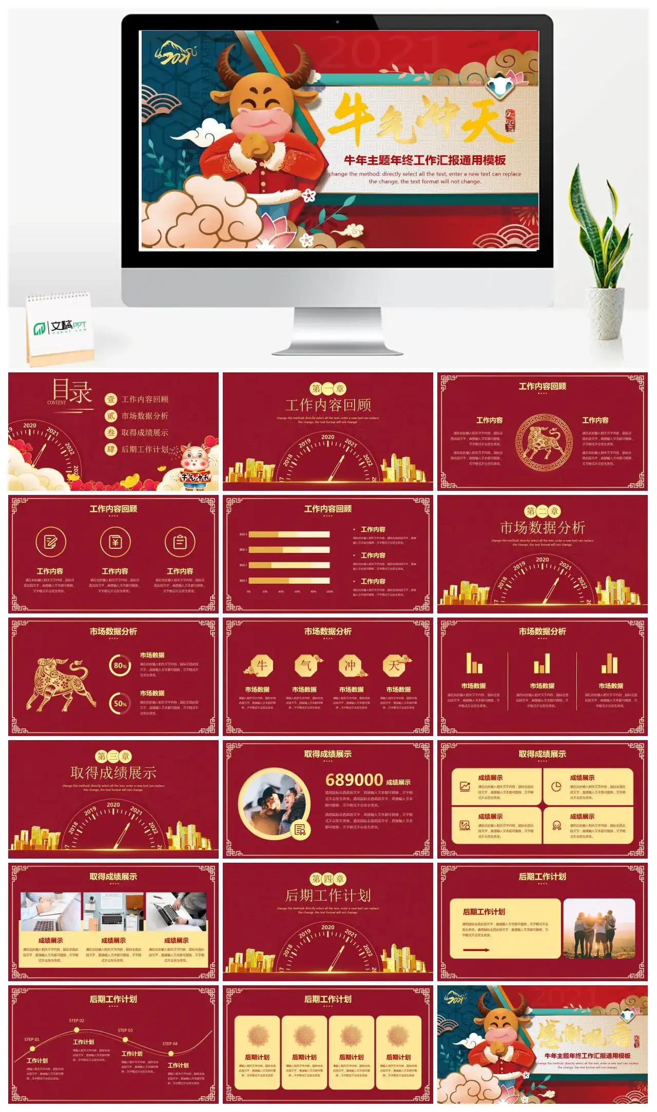 原创牛气冲天牛年主题年终工作汇报通用年终总结述职PPT模板