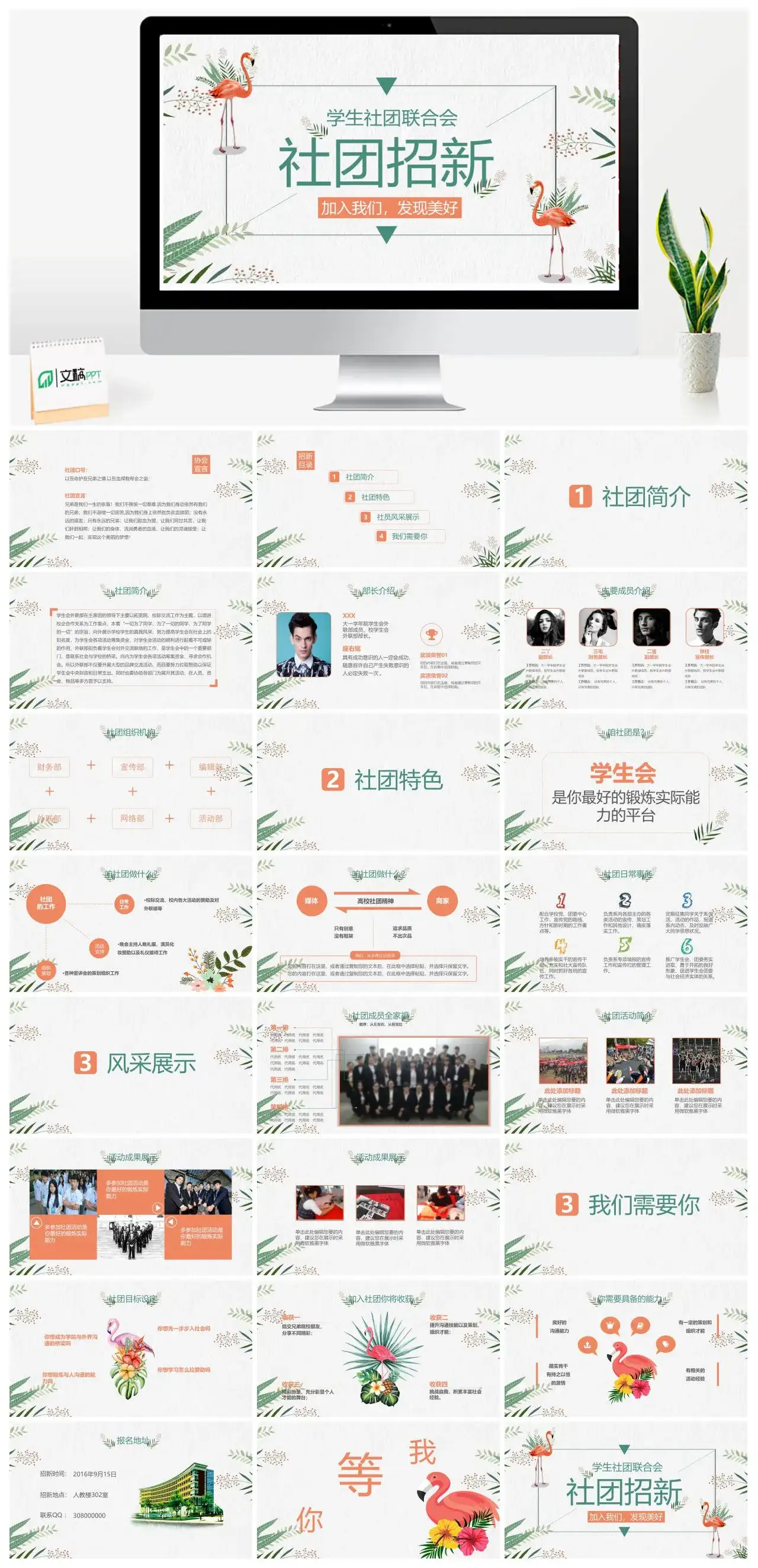 小清新火烈鸟学生社团联合会社团招新协会宣言社团简介风采展示PPT模板