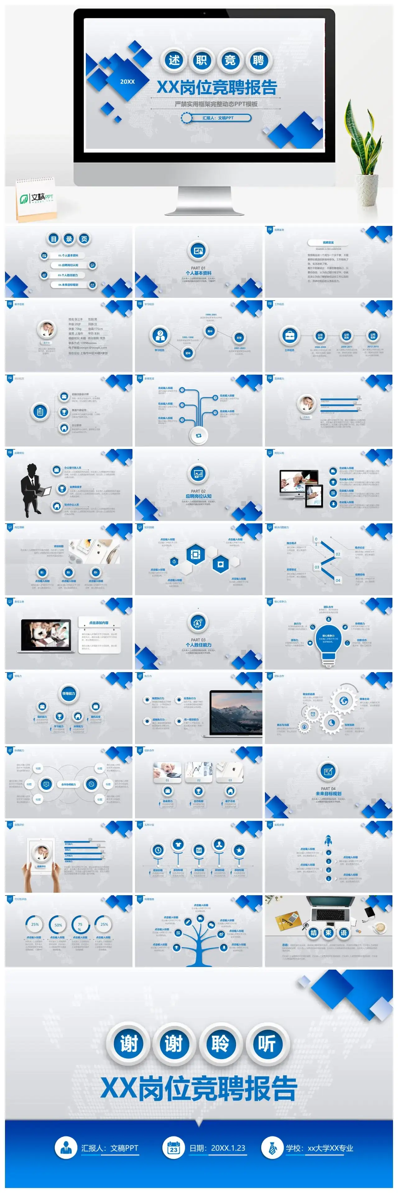 蓝色微粒体述职竞聘岗位竞聘报告PPT模版