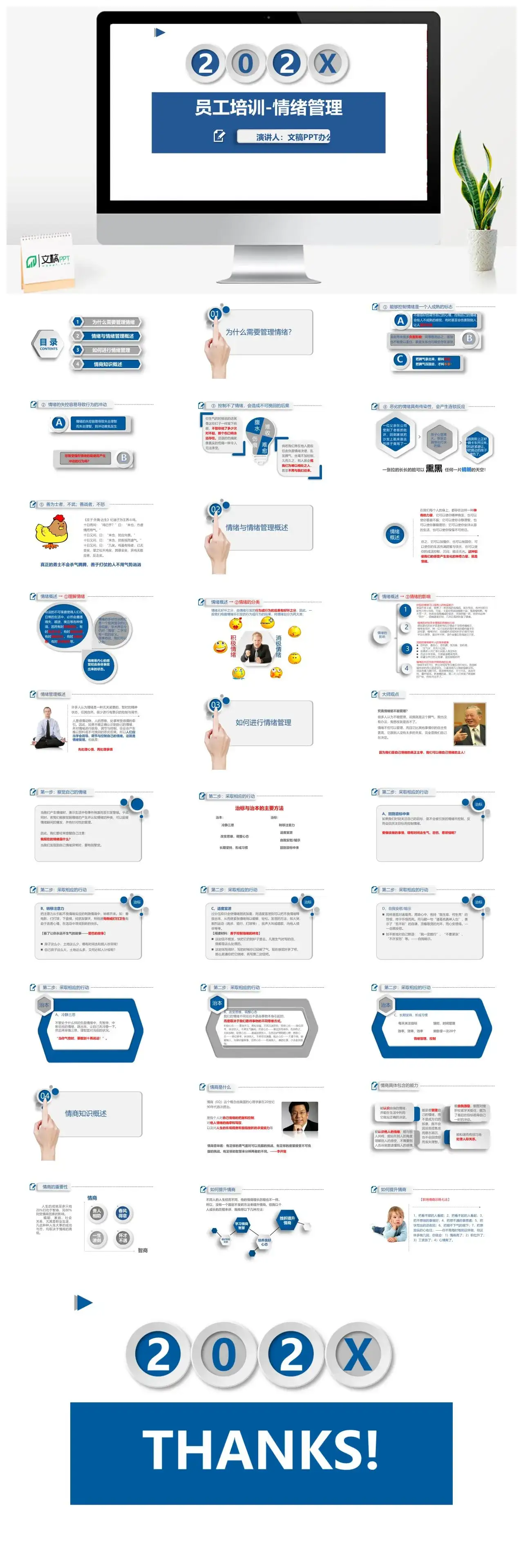 简约蓝色员工培训情绪管理教育商务培训情商知识PPT模板