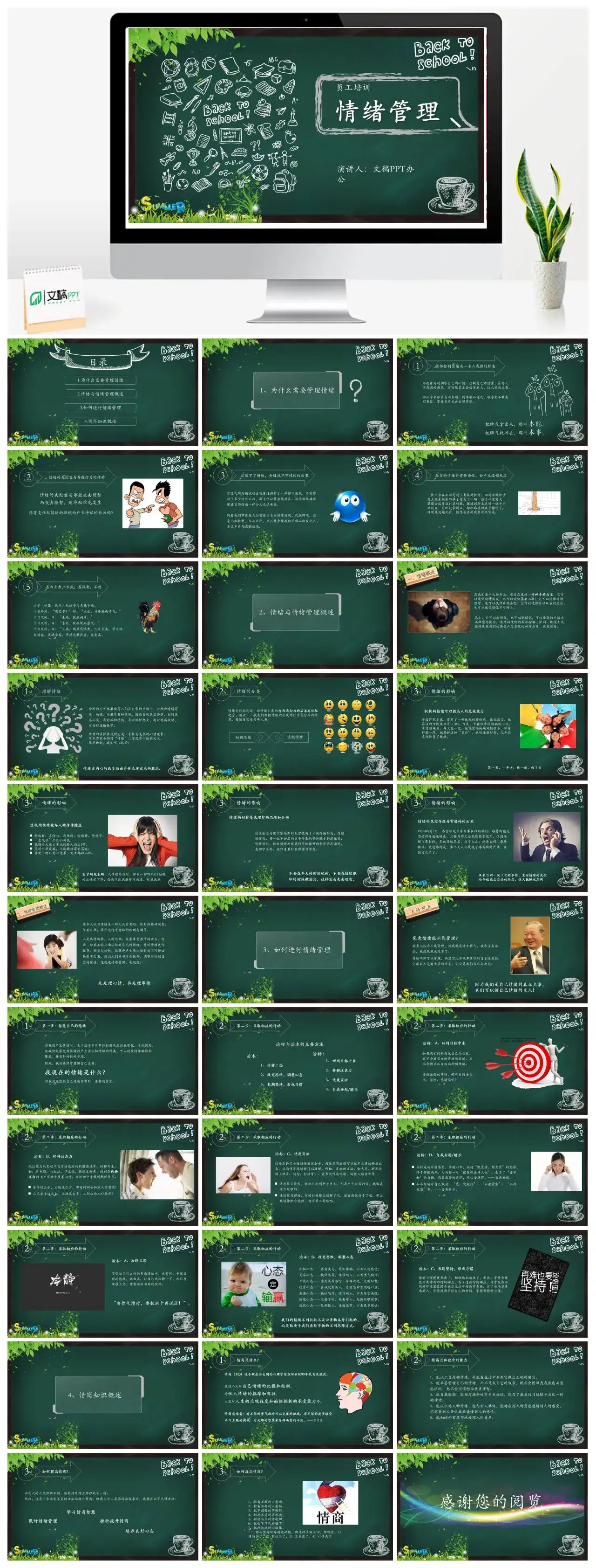 绿色小清新黑板风员工培训情绪管理情商知识概论商务培训PPT模板