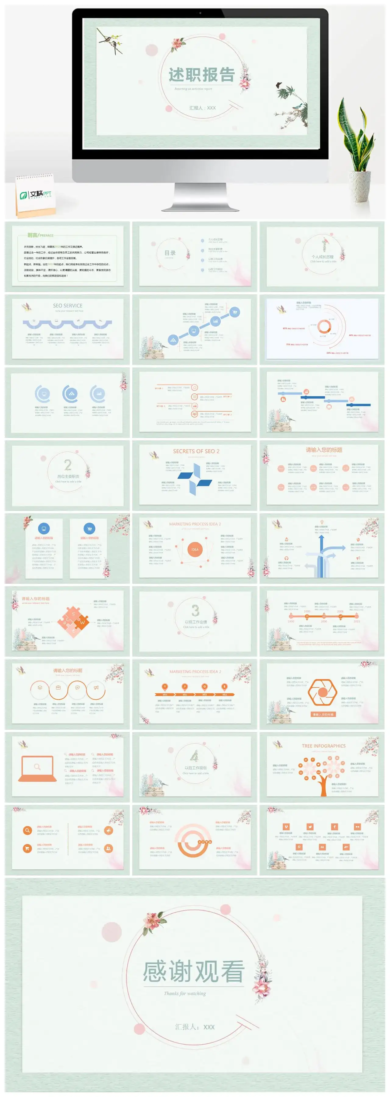 浅绿色小清新述职报告总结PPT模板