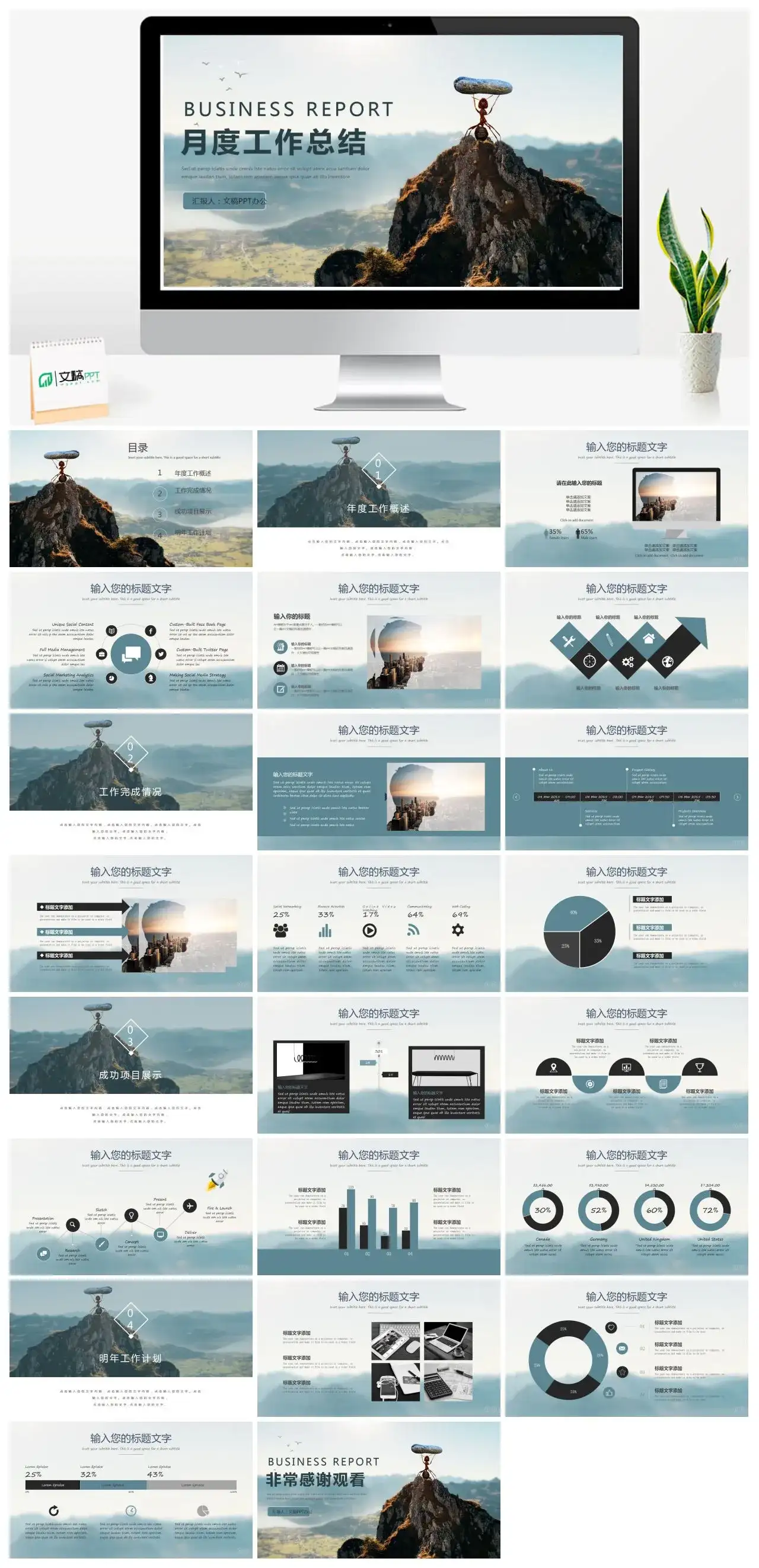 简约商务月度工作总结年度工作概述成功项目展示工作计划PPT模板