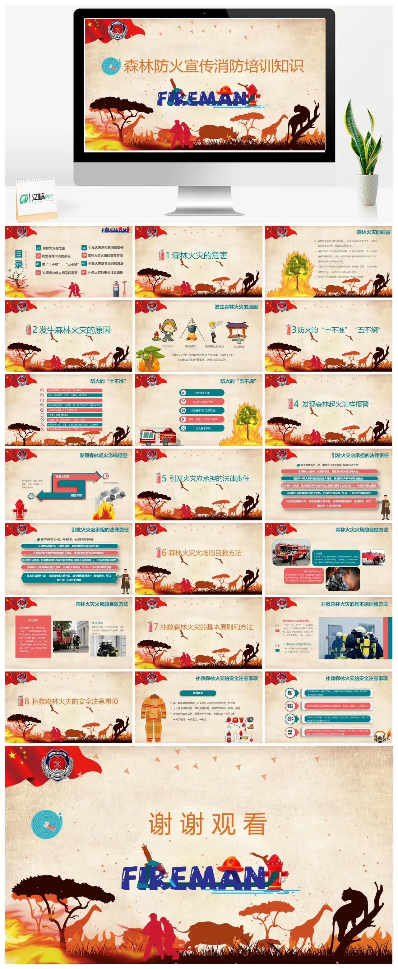 党政风森林防火主题班会宣传消防培训知识PPT模板