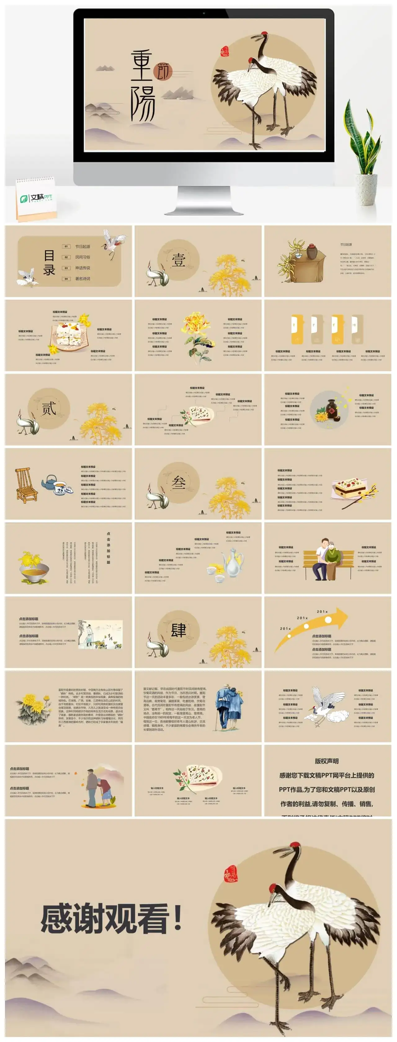 丹顶鹤图中国风重阳节简介PPT模板