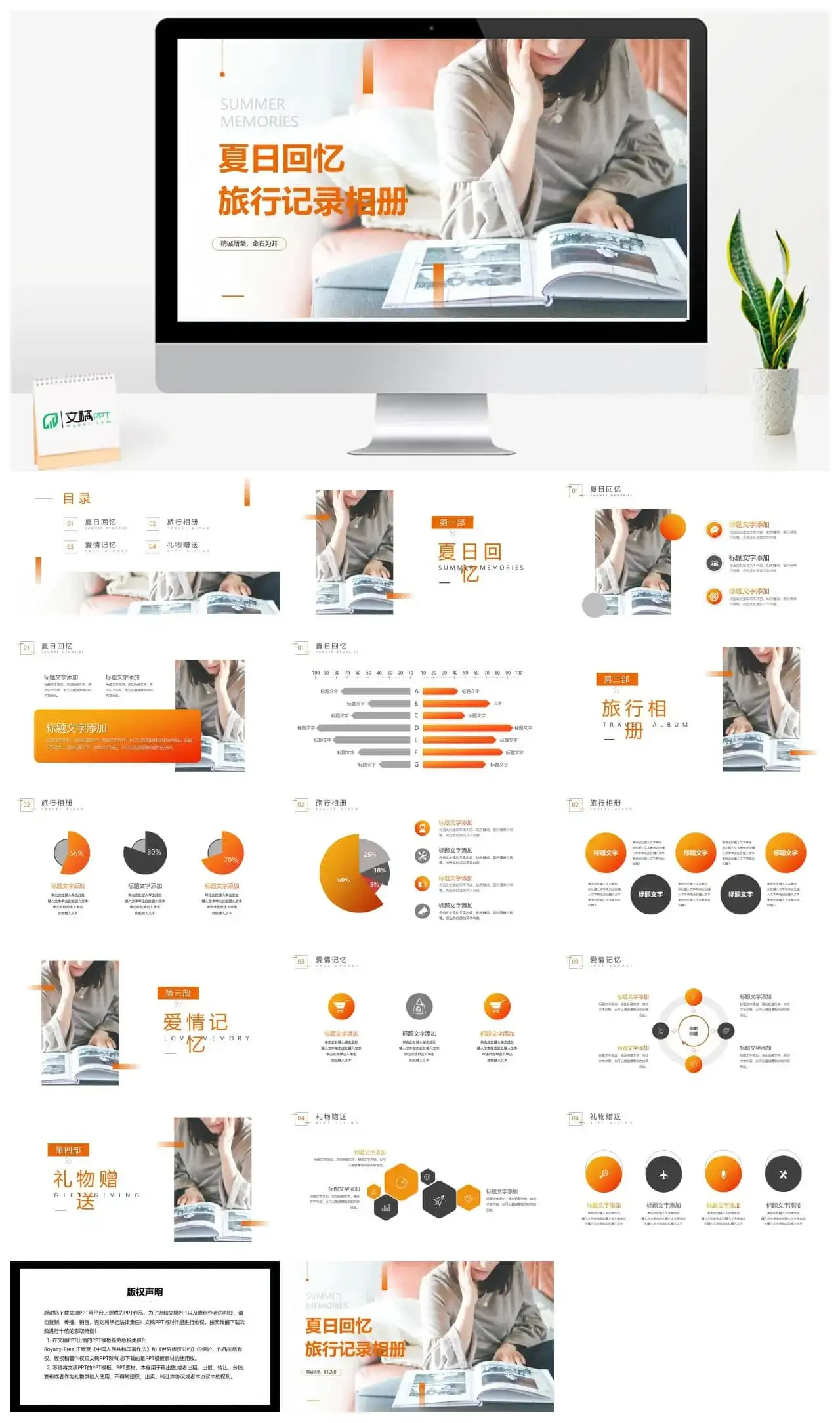 橙色夏日回忆旅行记录相册PPT模板