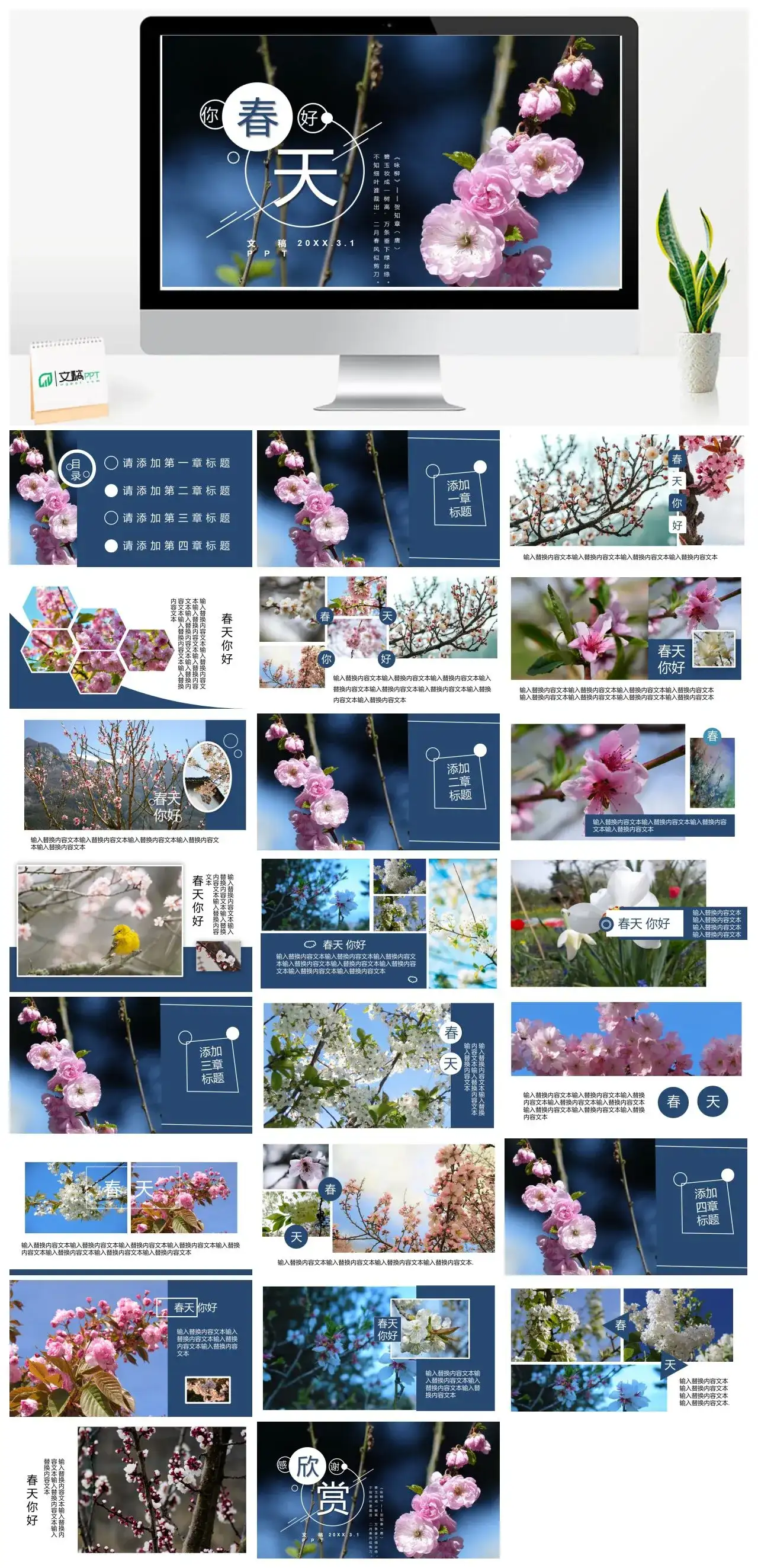 蓝粉色花卉你好春天通用PPT模板