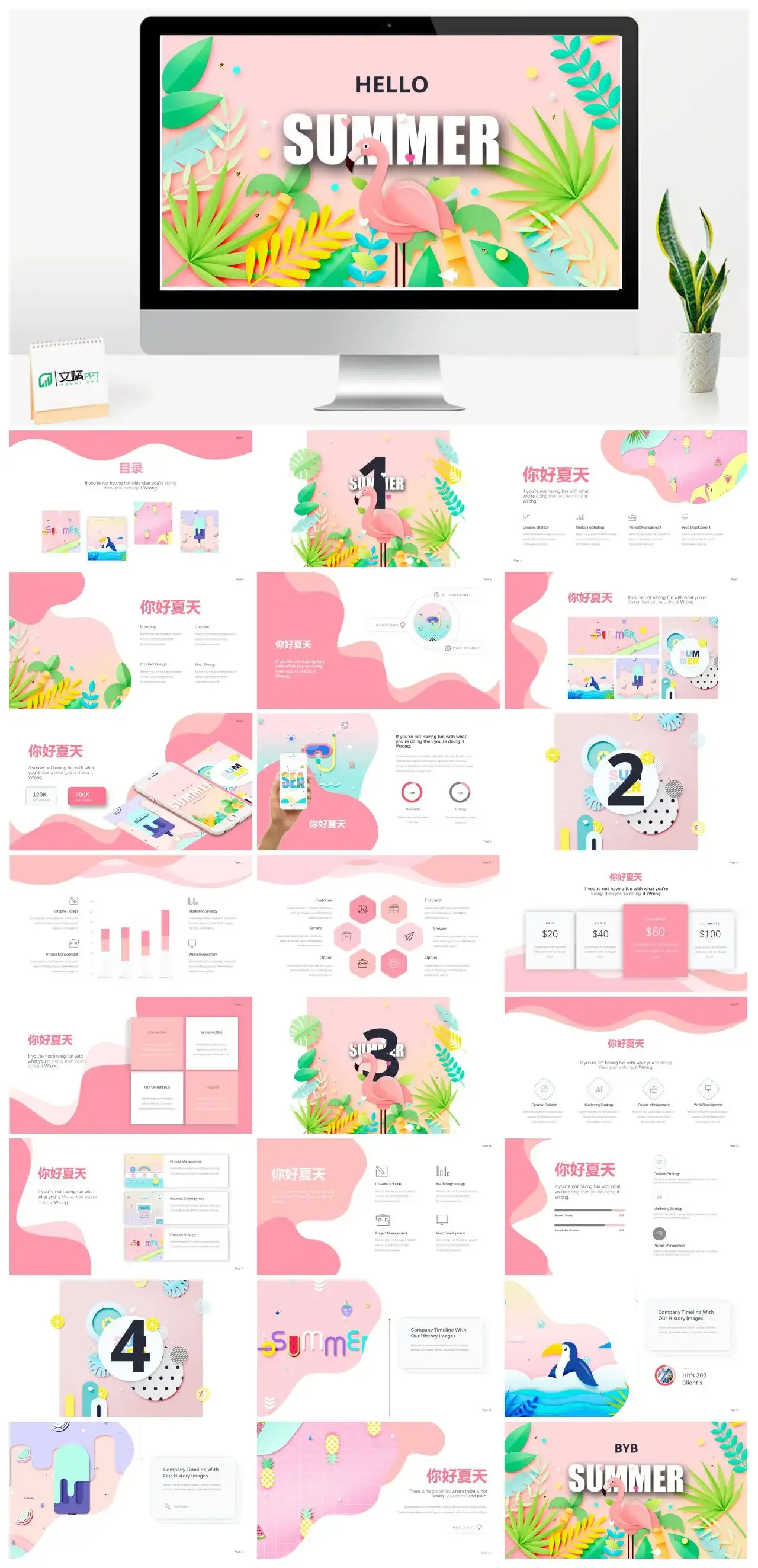 粉色火烈鸟你好夏天PPT模板