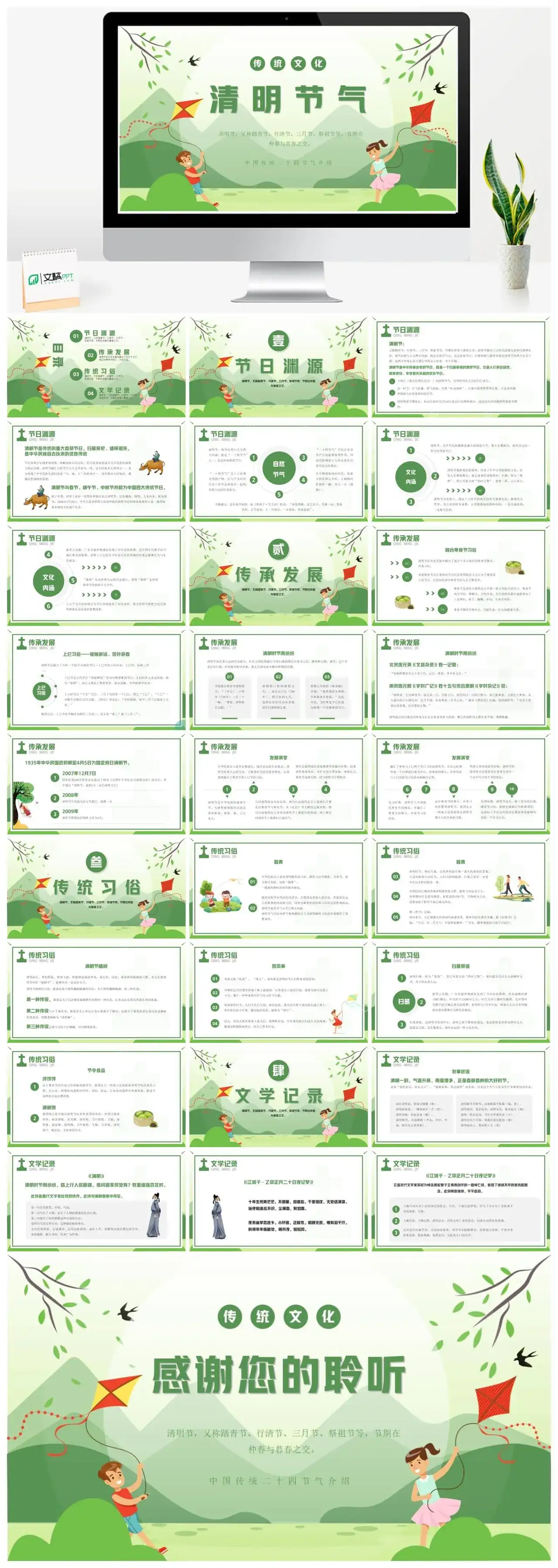 绿色中国风清明节文化习俗介绍ppt模板