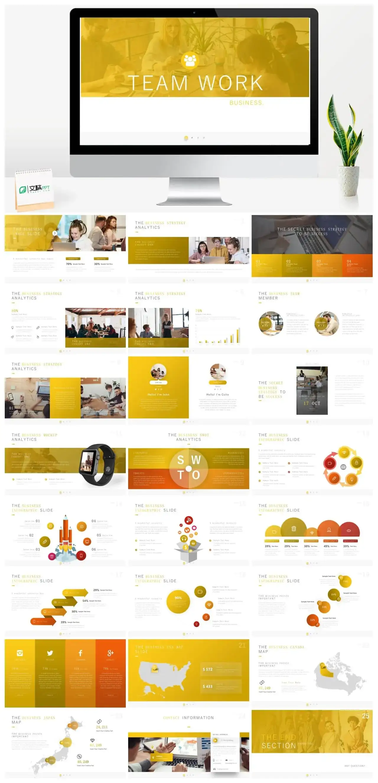 黄色团队合作商务风ppt模板