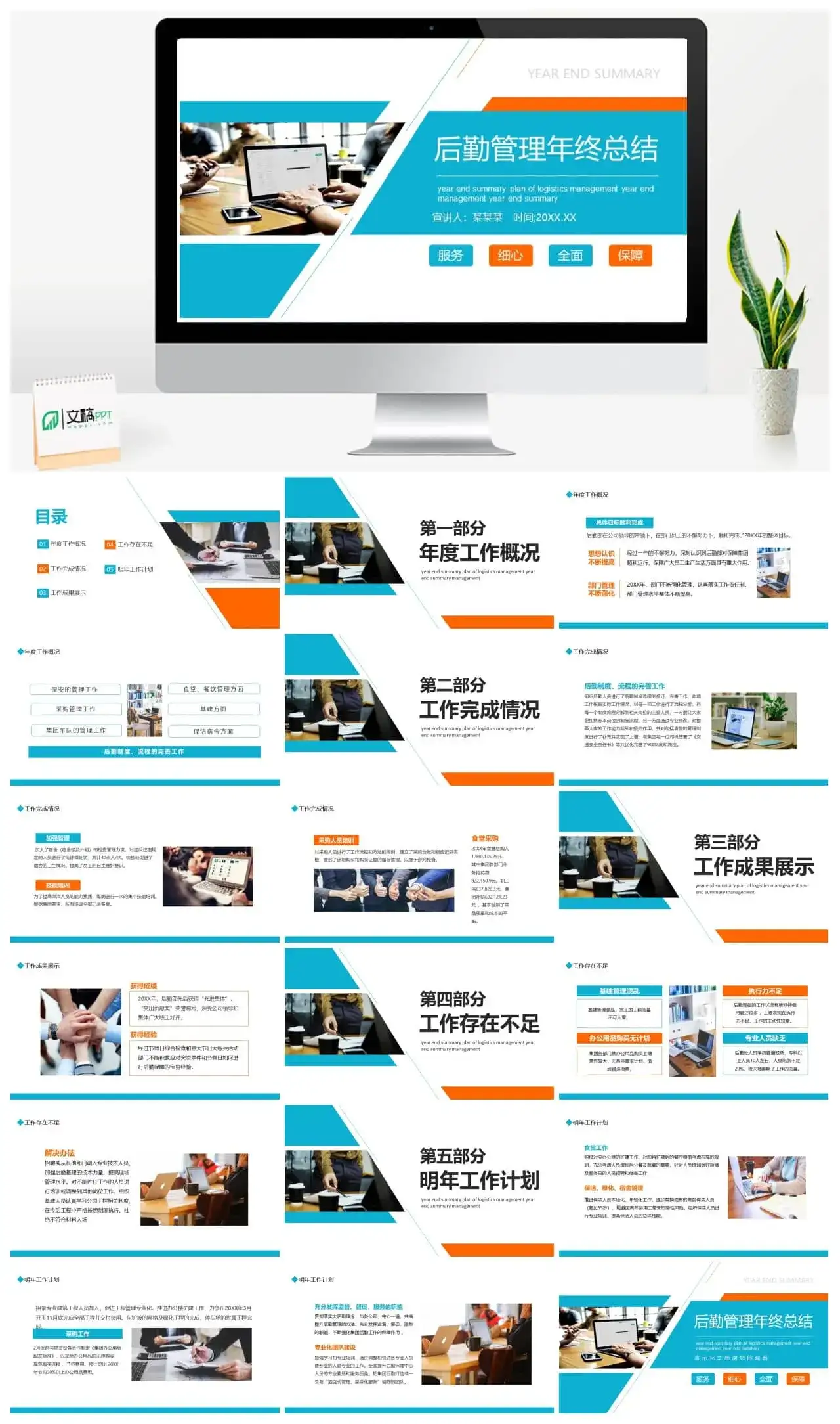 蓝橙色商务后勤管理年终总结PPT通用模板