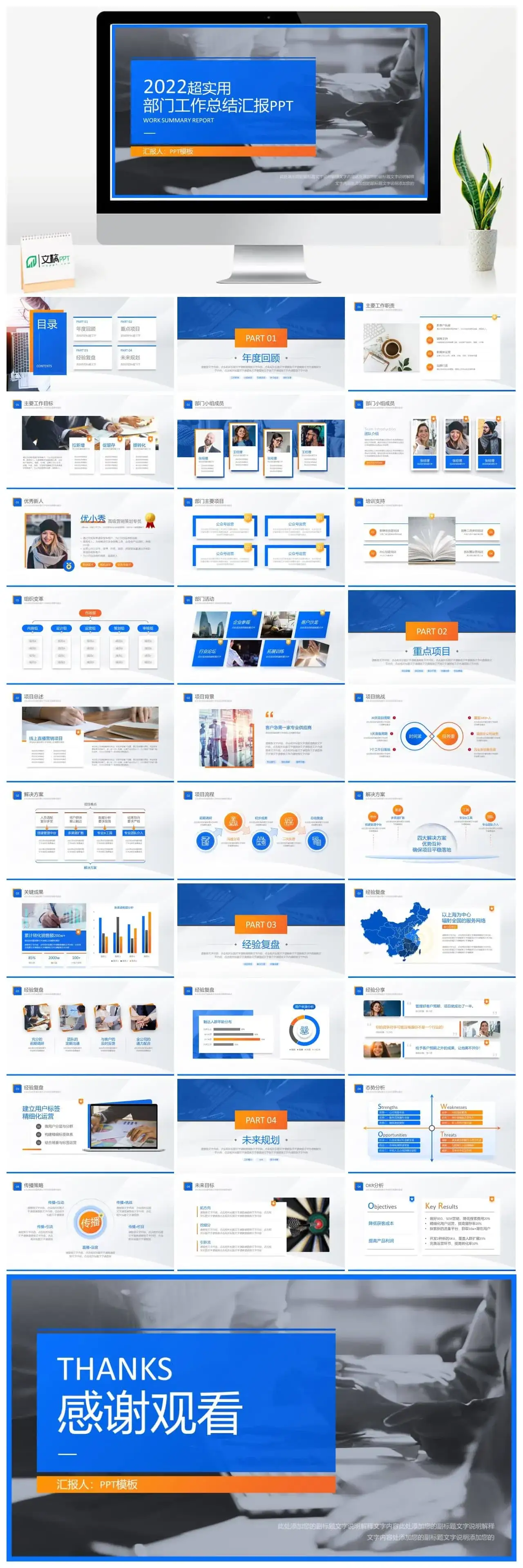 蓝橙几何风部门年终总结汇报商务ppt模板