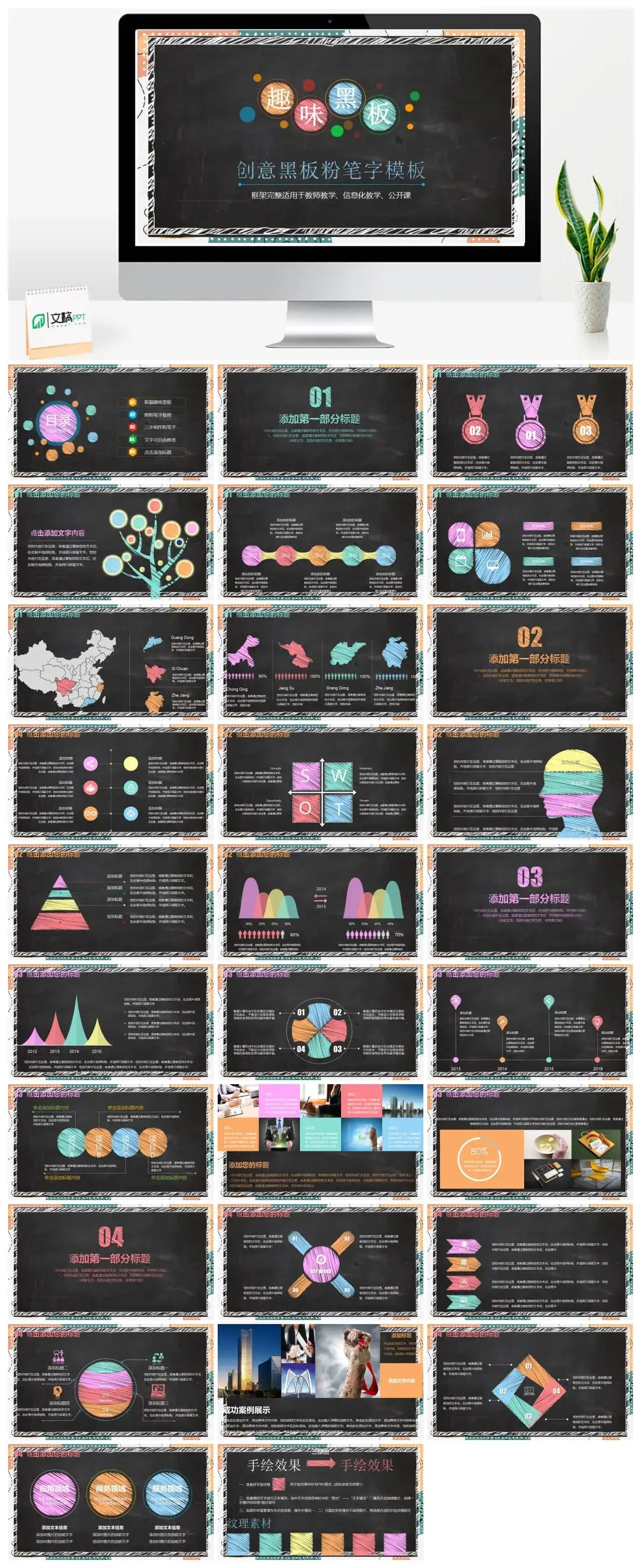 创意黑板风粉笔字趣味教学ppt模板