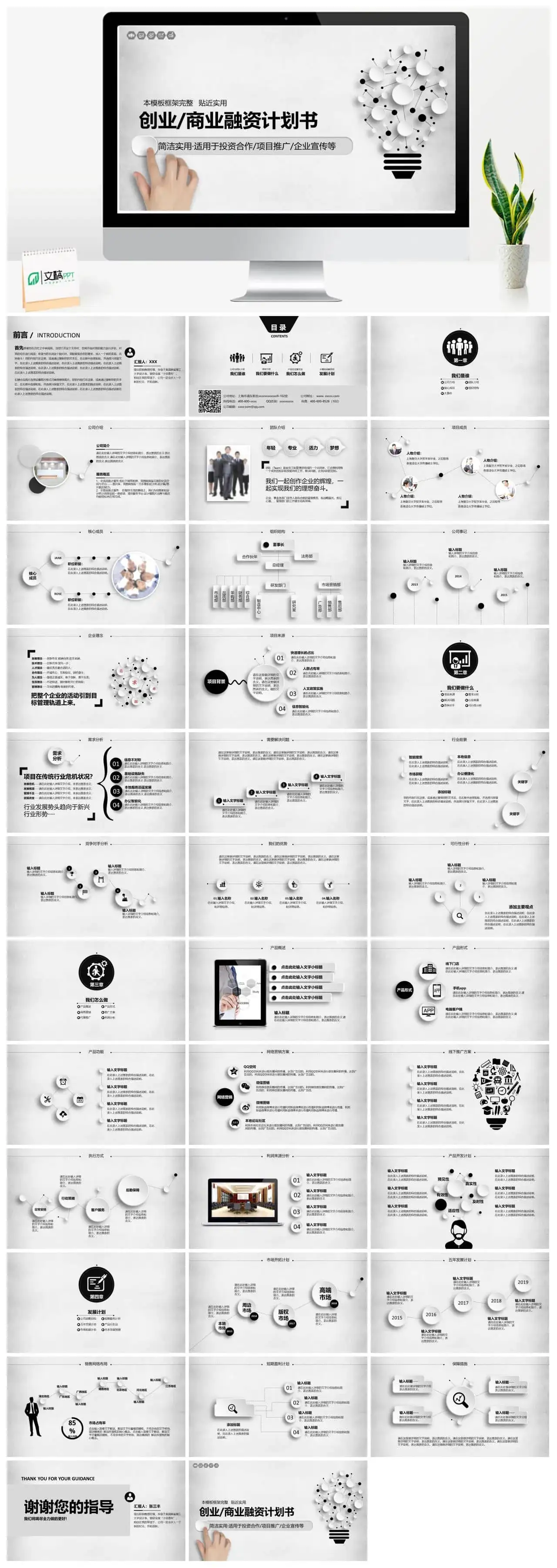 灰白质感微粒体创业商业融资计划书PPT模板