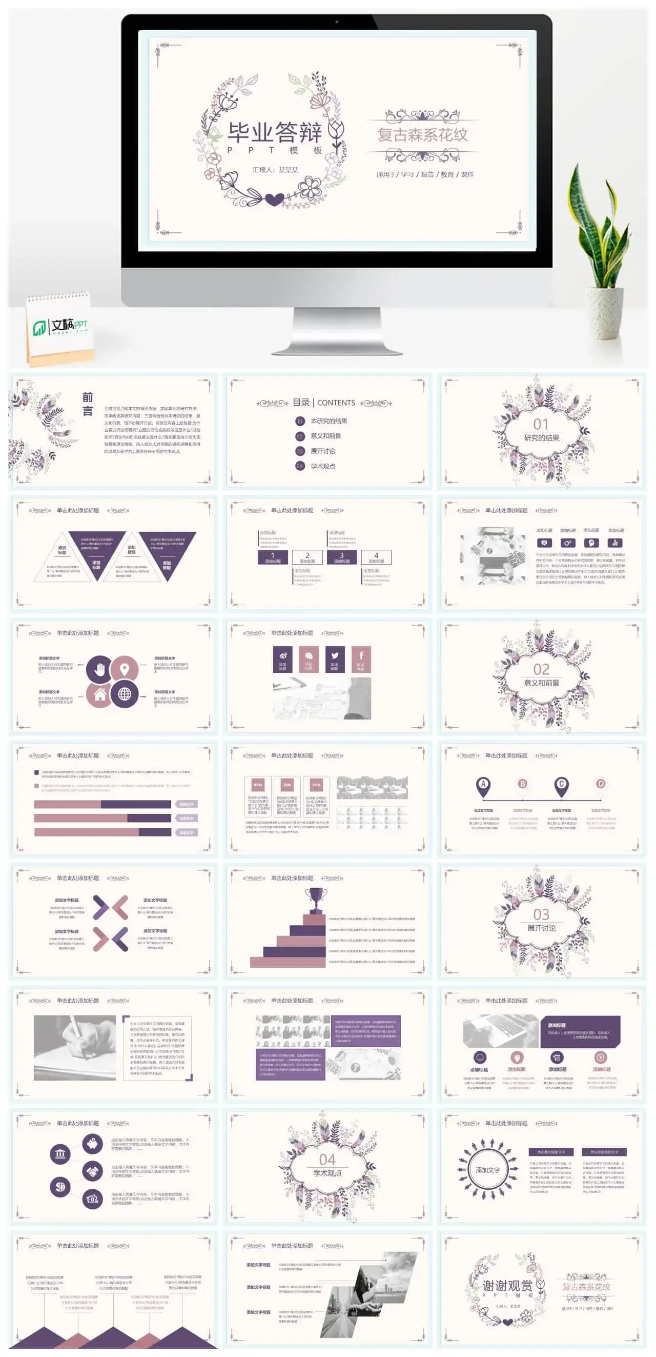 复古森系花纹毕业答辩PPT模板