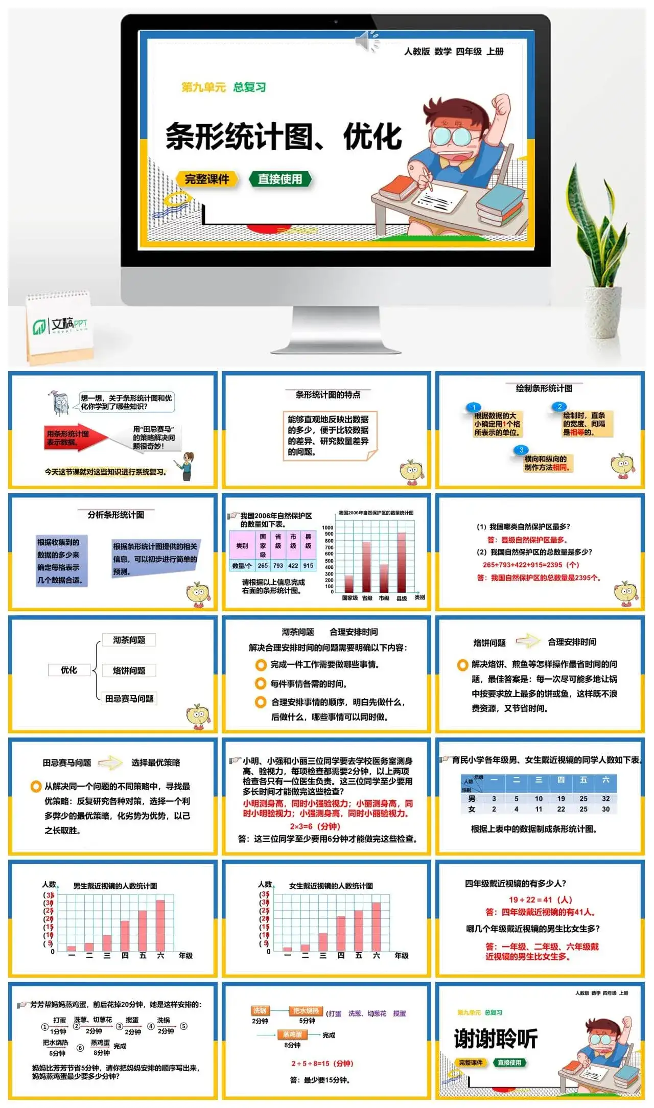 人教版四年级数学上册人教数学四年级上册第9单元总复习条形统计图、优化