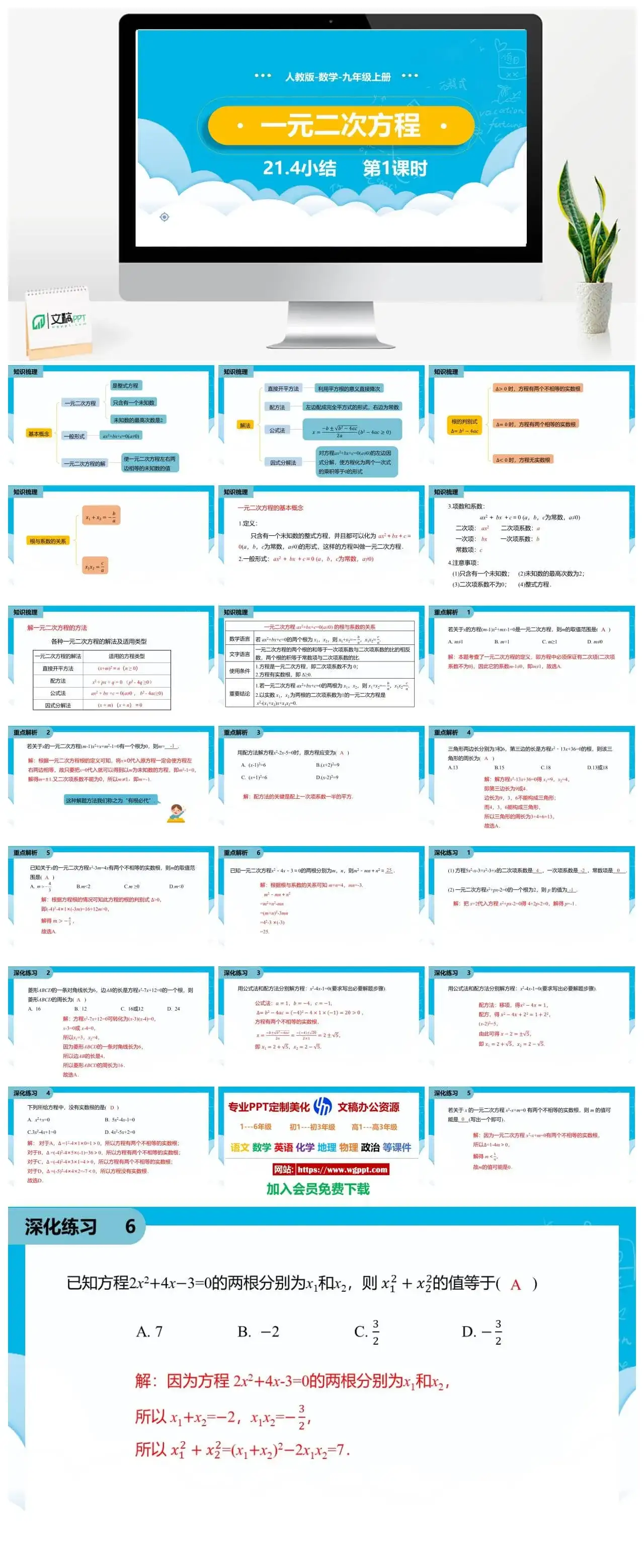 人教九年级数学上册人教版数学九年级上册PPT课件初中数学幻灯片一元二次方程小结第1课时