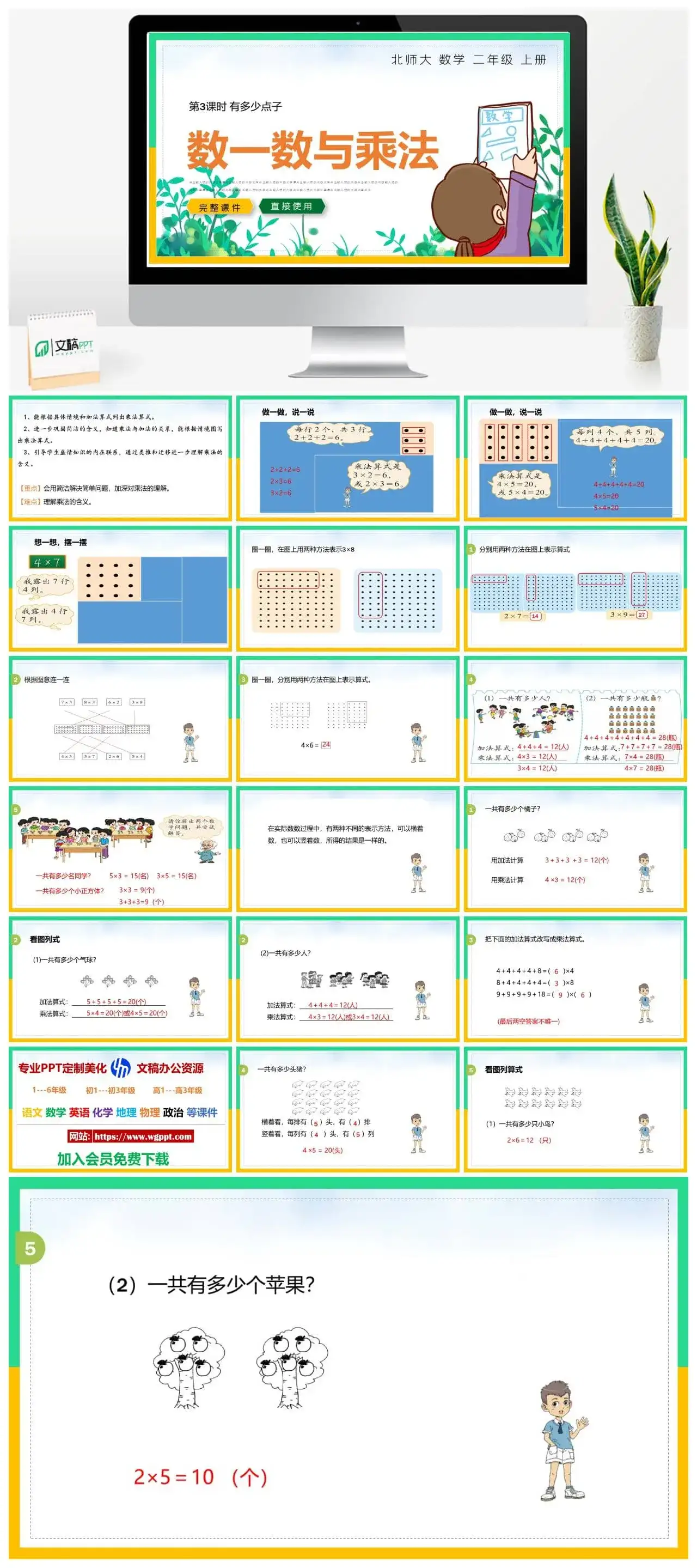 北师大二年级数学上册北师大数学二年级上册PPT课件有多少点子数一数与乘法