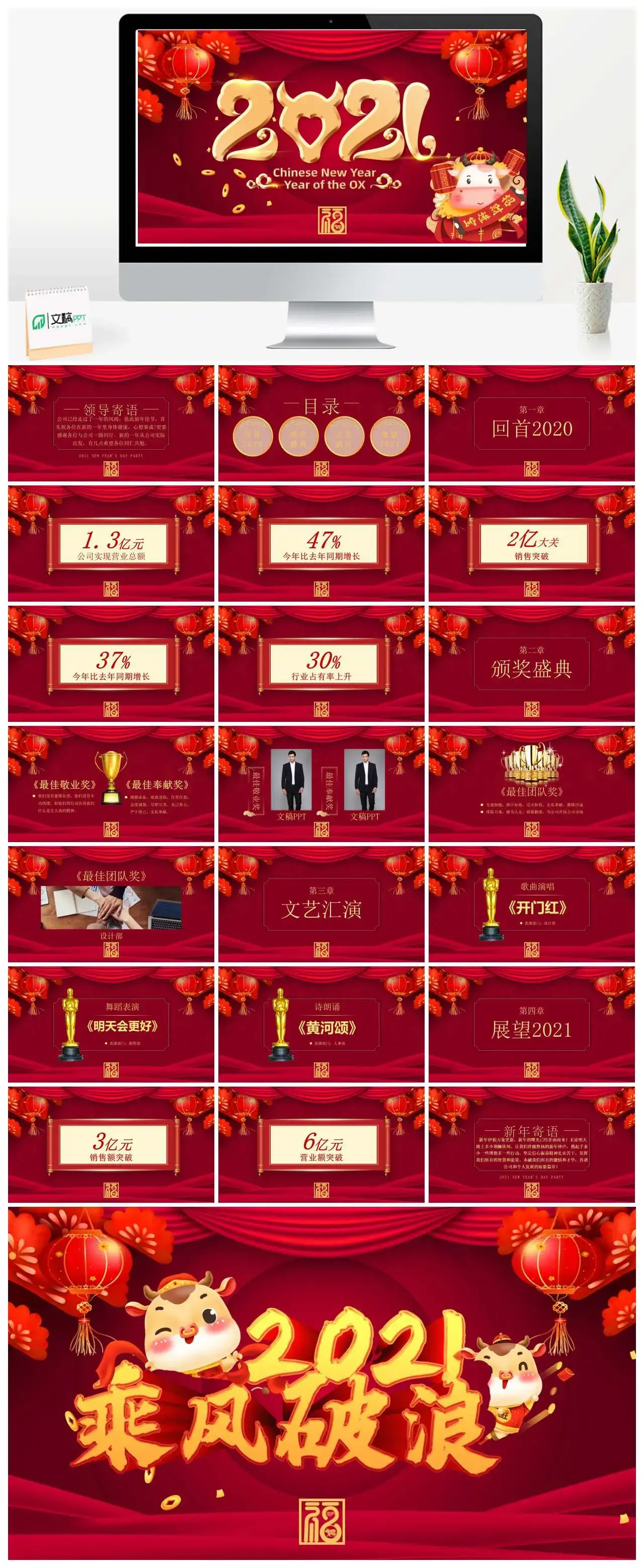 红色牛年新年快乐年终晚会颁奖典礼PPT模版