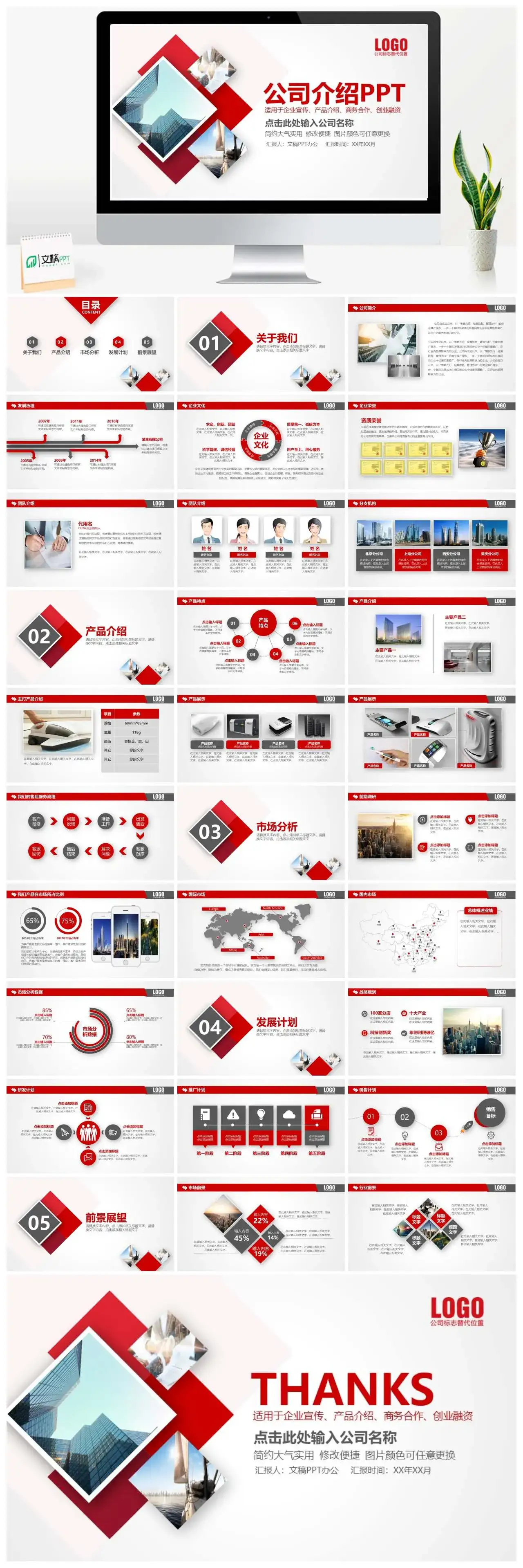 简约大气红色公司介绍企业宣产品介绍商务合作创业融资PPT模板