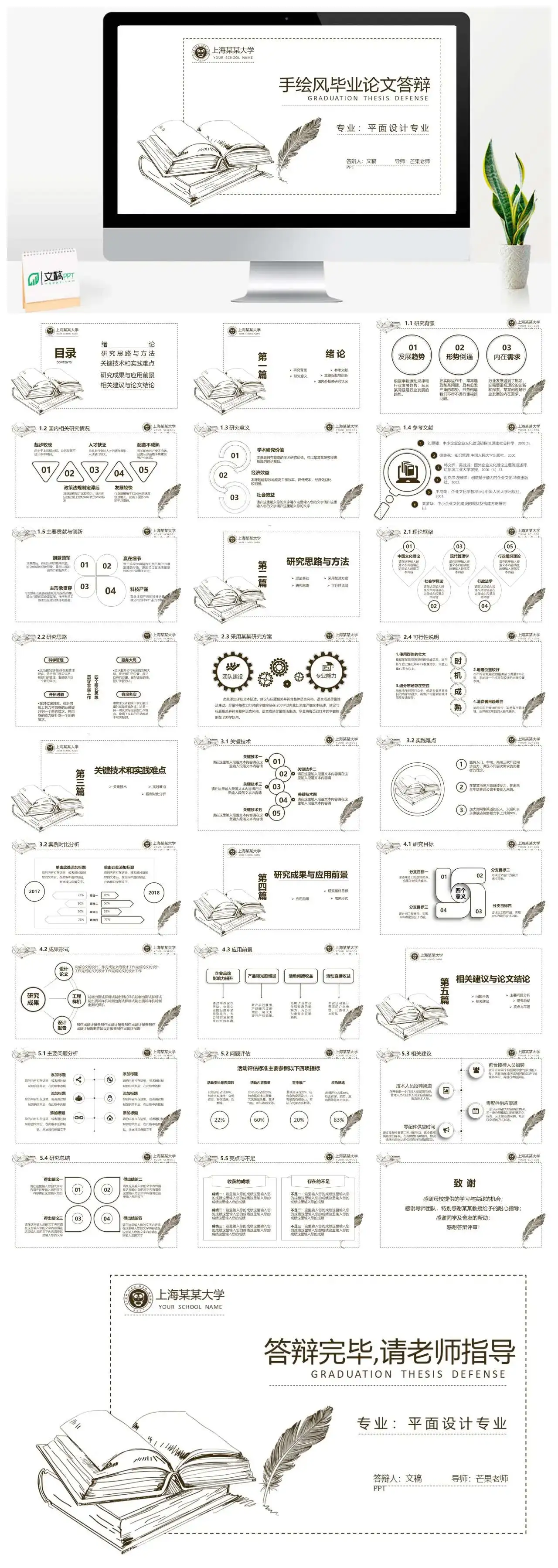 手绘风毕业论文答辩PPT模板