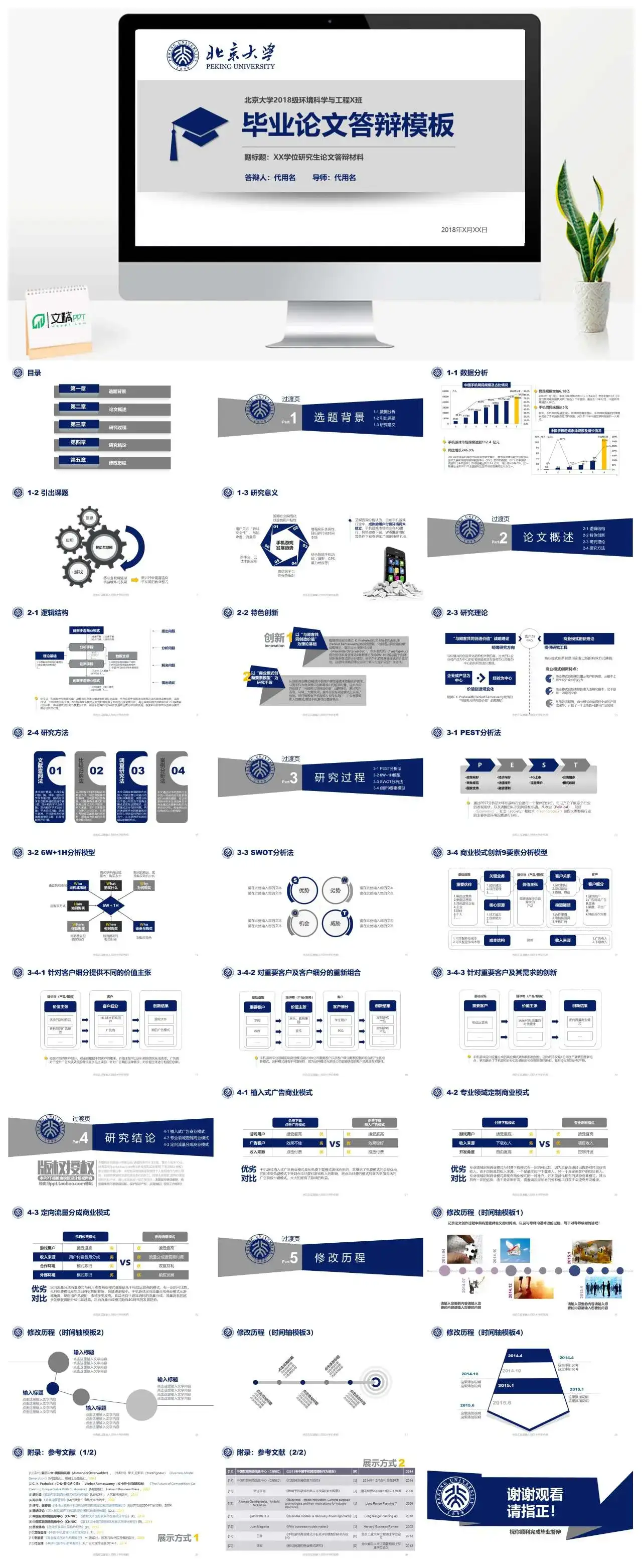 蓝色简约严谨毕业论文答辩PPT模板