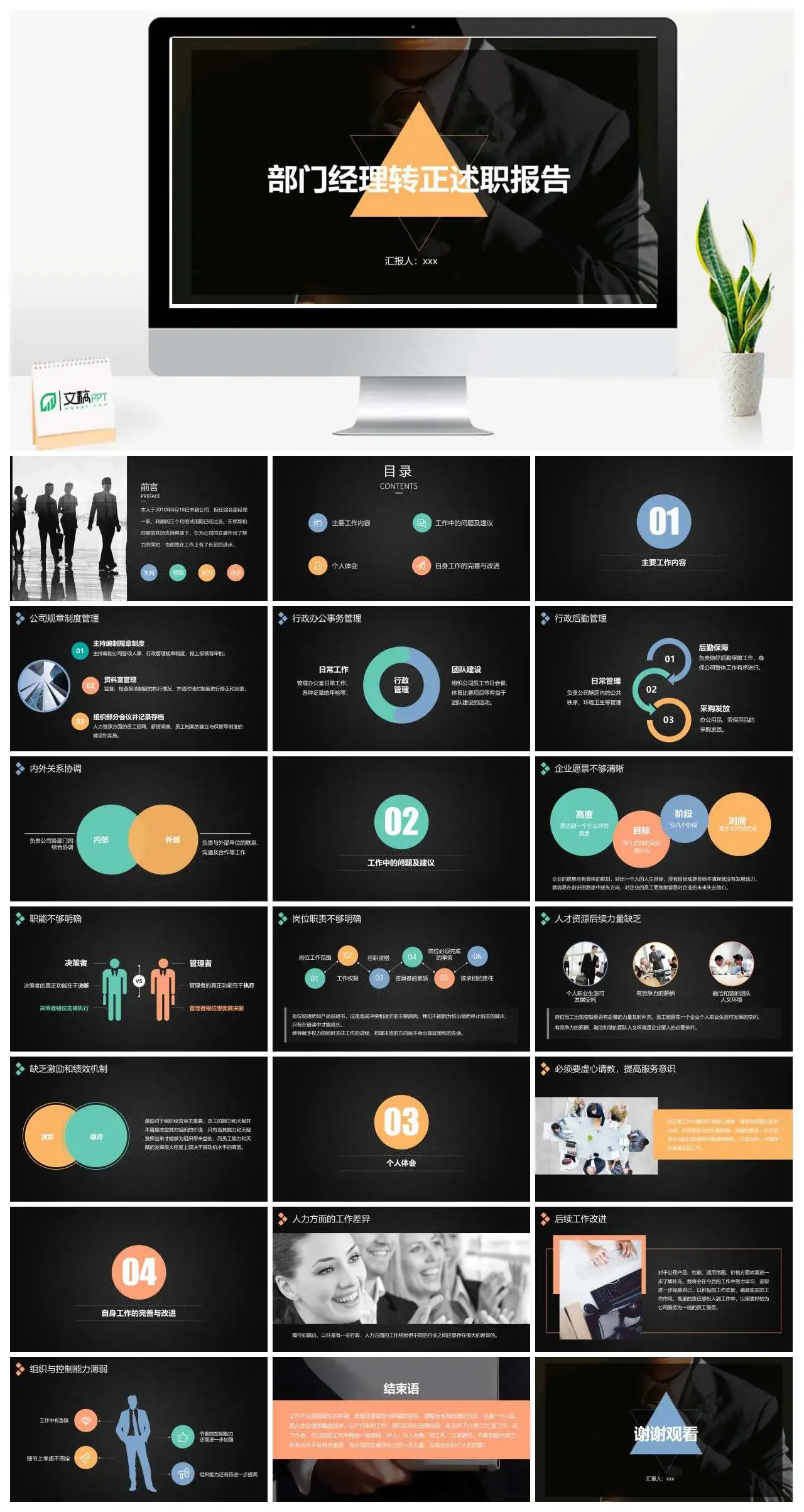 商务黑色背景商务部门经理转正述职报告工作内容工作建议个人体会PPT模板