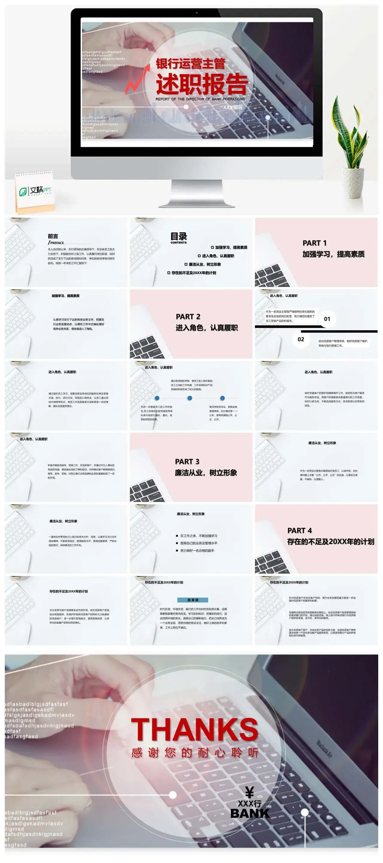 商务简约银行运营主管述职报告通用PPT模板
