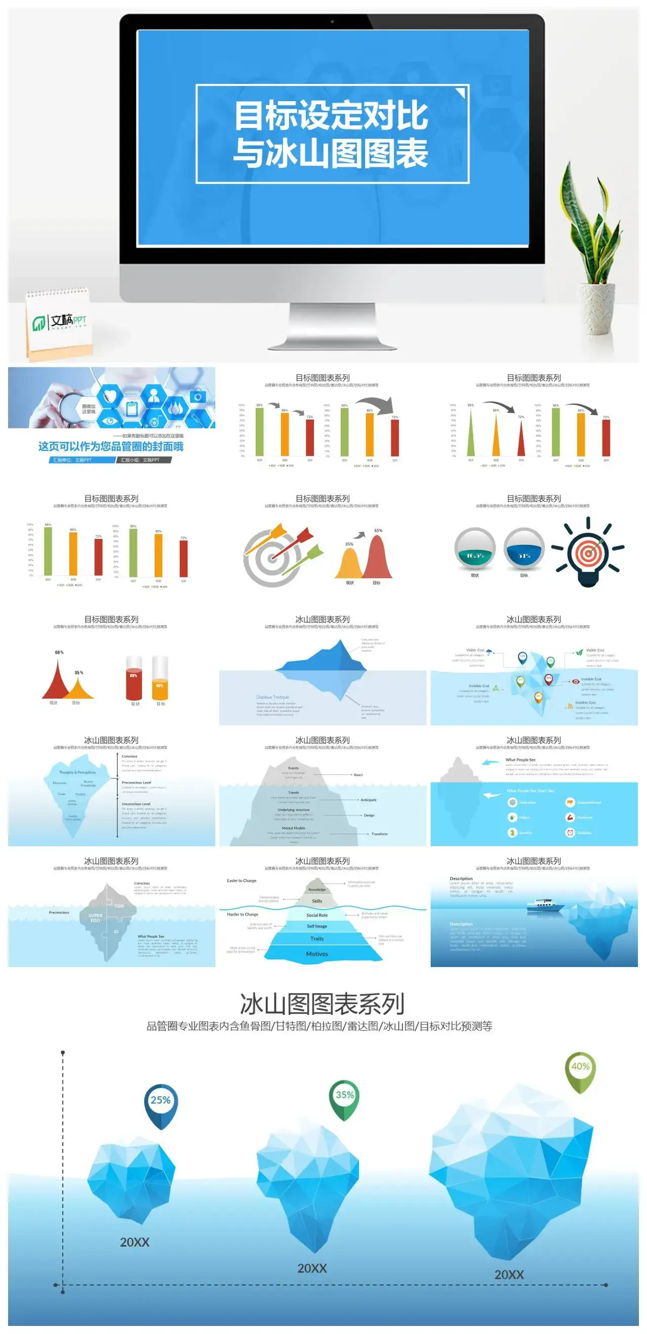 目标设定对比与冰山图图表PPT模板