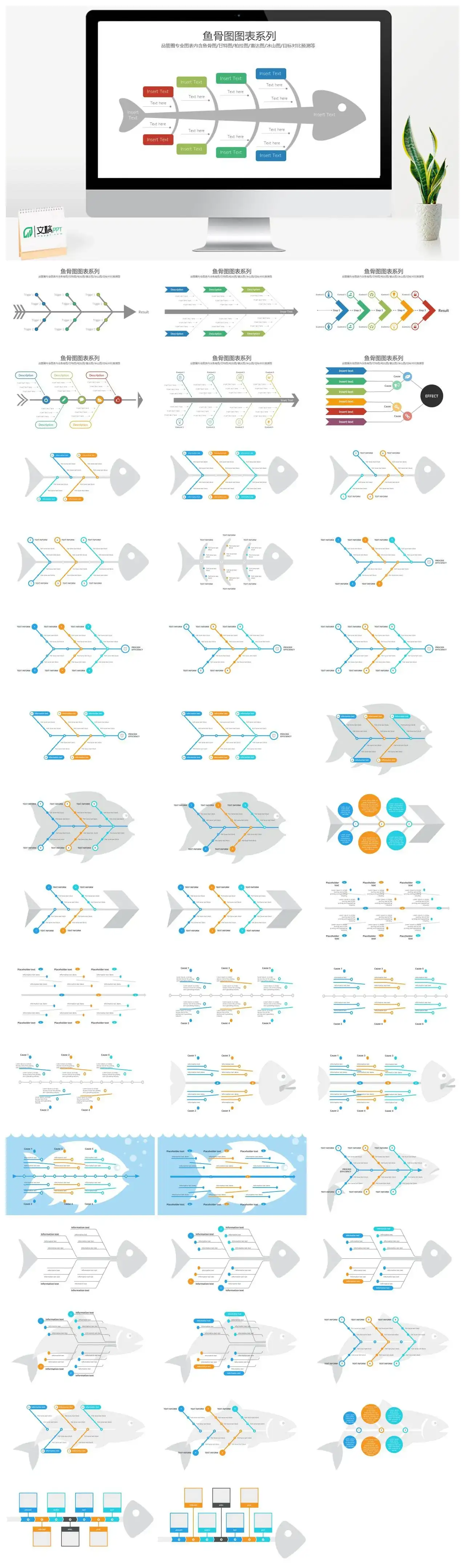 鱼骨图图表系列品管圈专业图表内含鱼骨图甘特图怕拉图雷达图冰山图目标对比预测等PPT模板