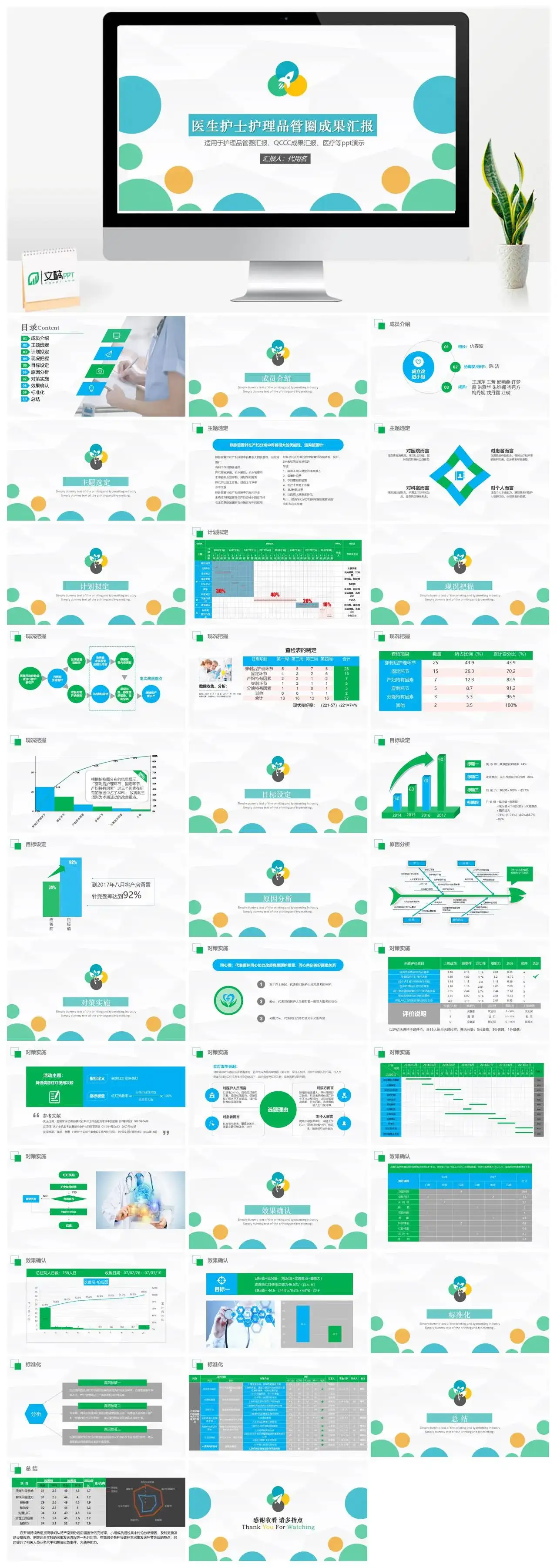 白色简约圆圈医生护士护理品管圈成果汇报QCCC成果汇报医疗通用ppt模板