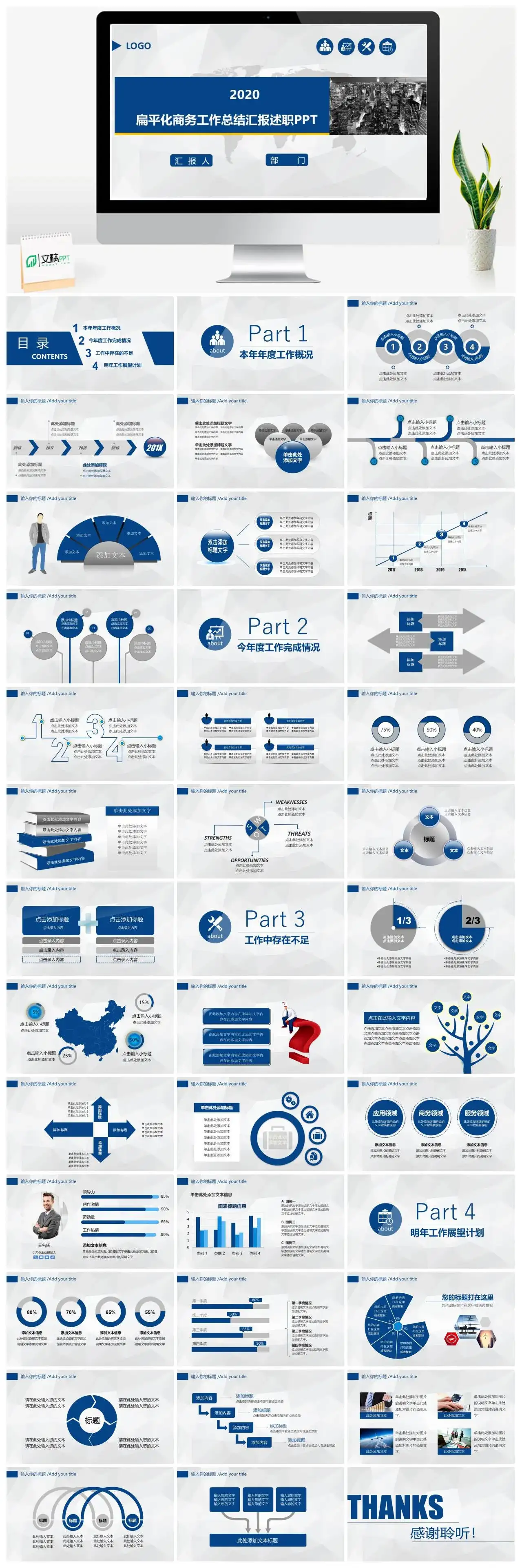 蓝色扁平化商务工作总结汇报述职工作完成情况工作展望计划PPT模板