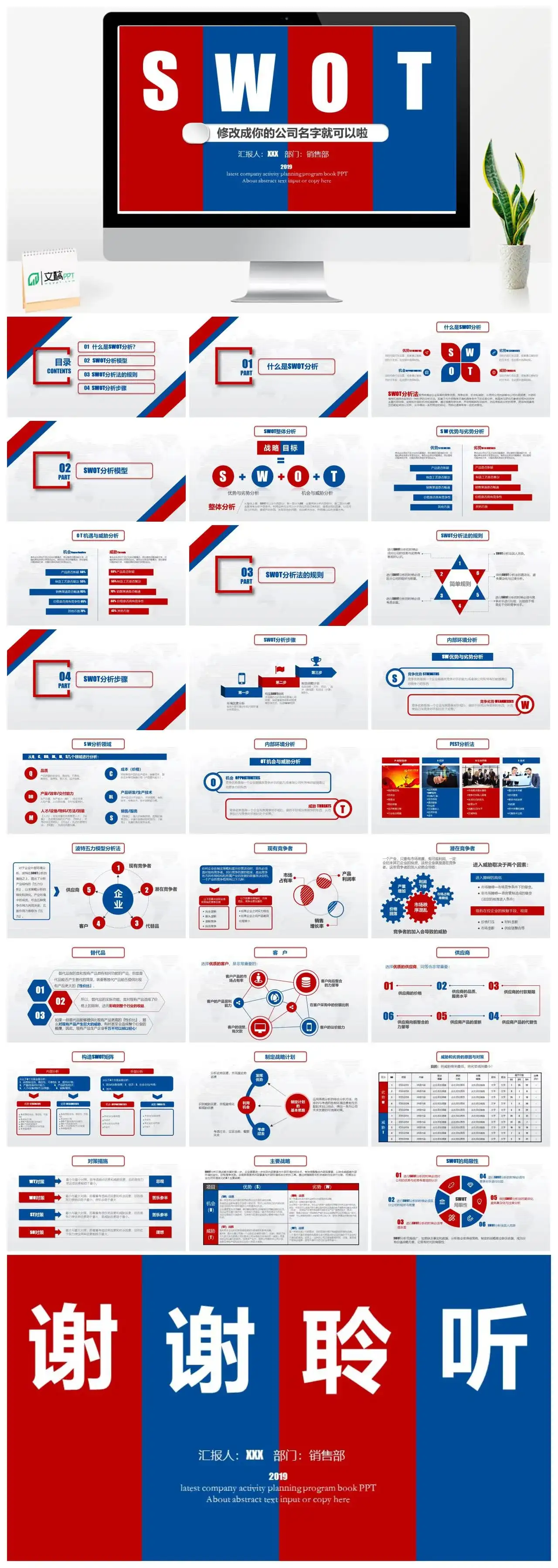 红蓝相间商务企业销售部SWOT分析PPT模板