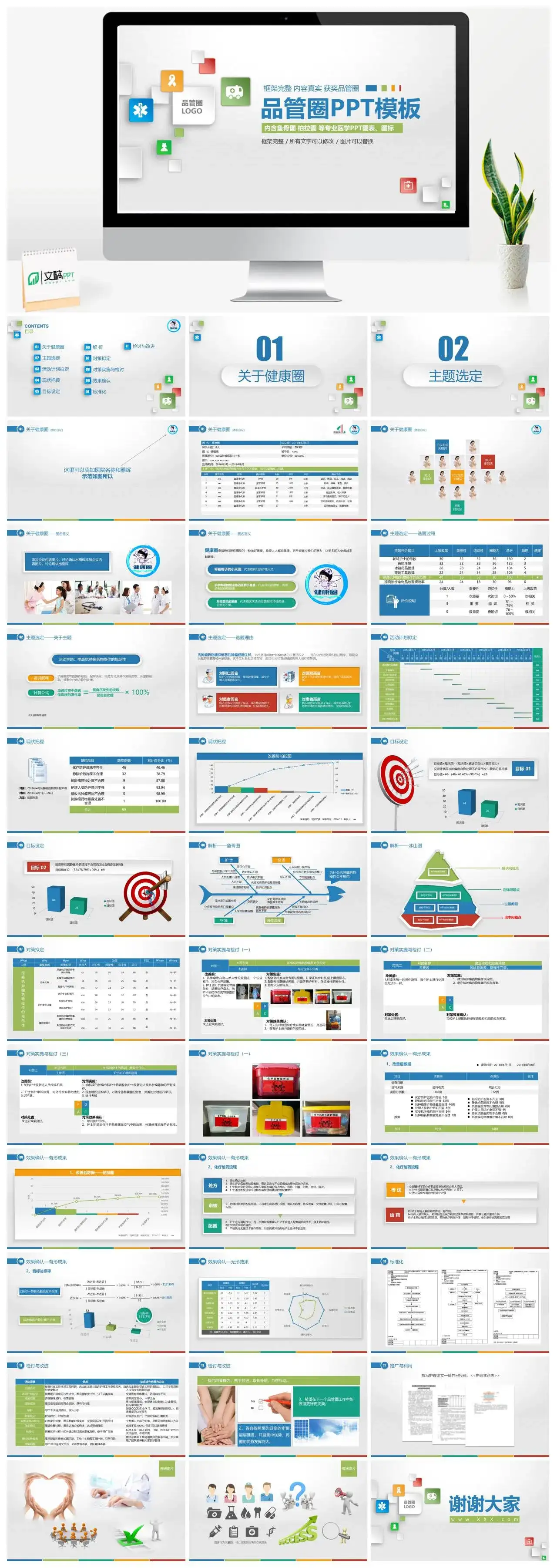 灰白精简品管圈内含鱼骨图柏拉图医学PPT图表、图标PPT模板