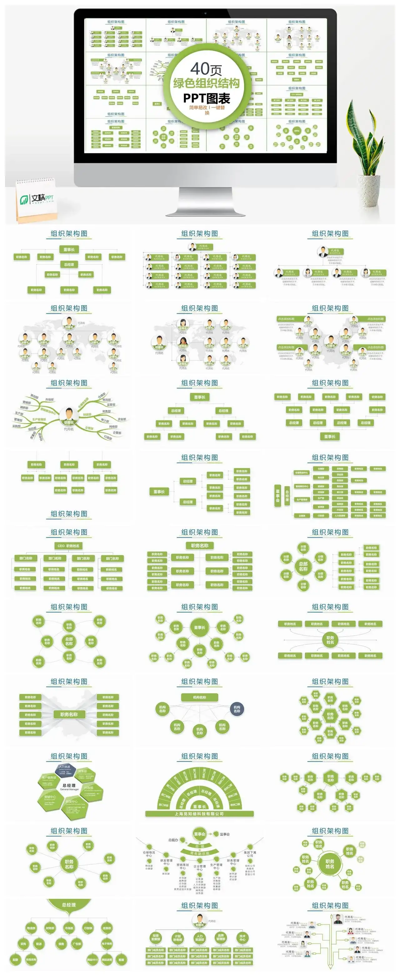 绿色组织结构图表PPT模板
