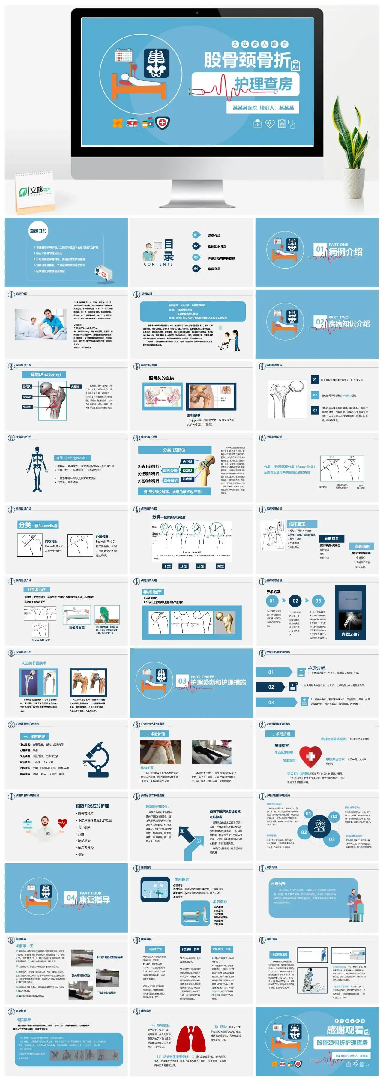 扁平化医学股骨颈骨折护理查房通用PPT模板
