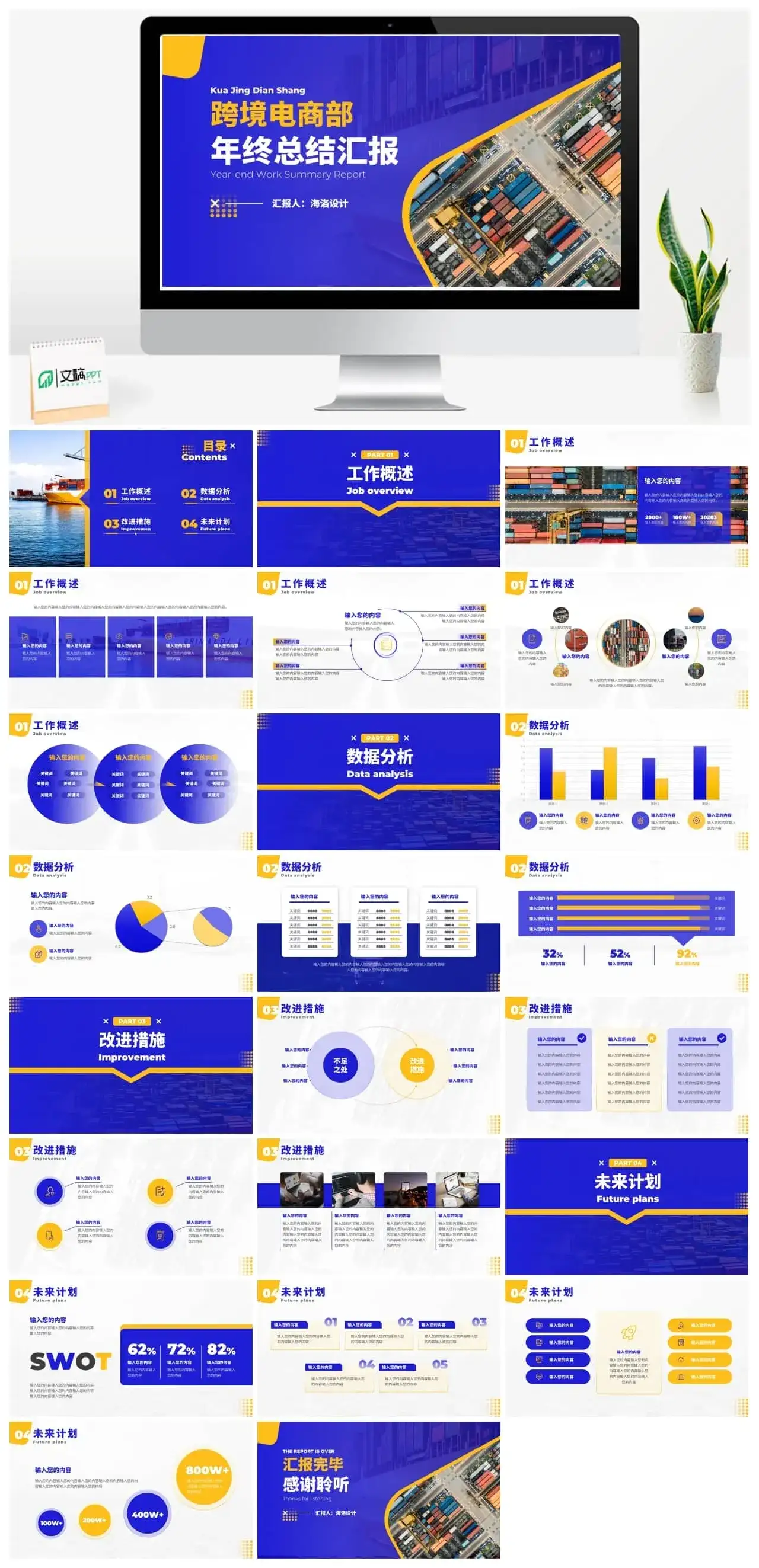 蓝黄色商务风跨境部电商总结ppt模板 蓝黄色商务风跨境部电商总结ppt模板