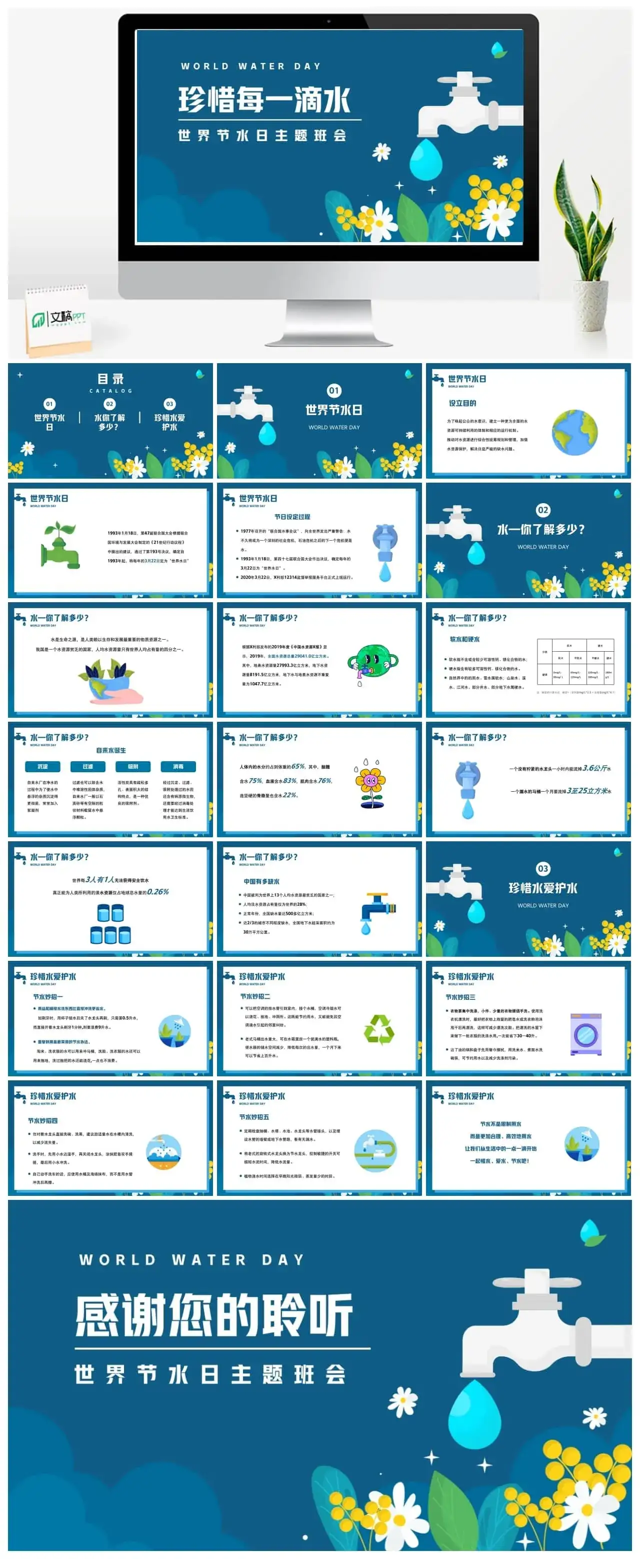 蓝色卡通风世界水日节约用水介绍宣传班会ppt课件