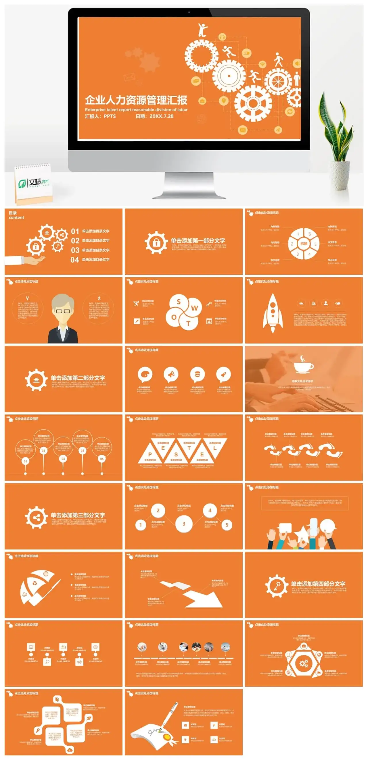 橙色扁平风企业人力资源管理汇报PPT模板